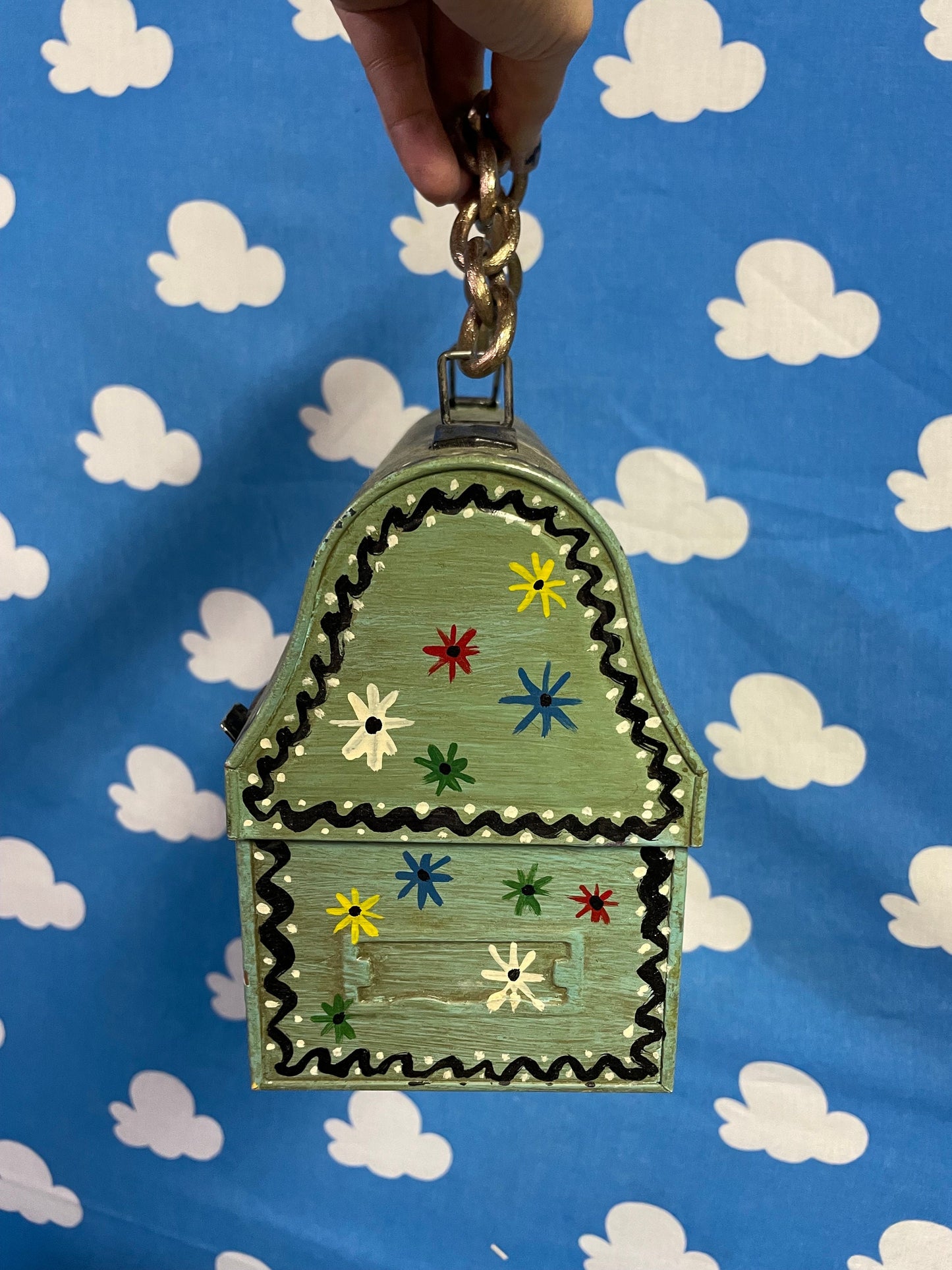 vtg 60s LUNCH PAIL PURSE // chain handle hand painted mod wooden funky hippie retro top handle  lunchbox kitschy cute hippie handmade craft