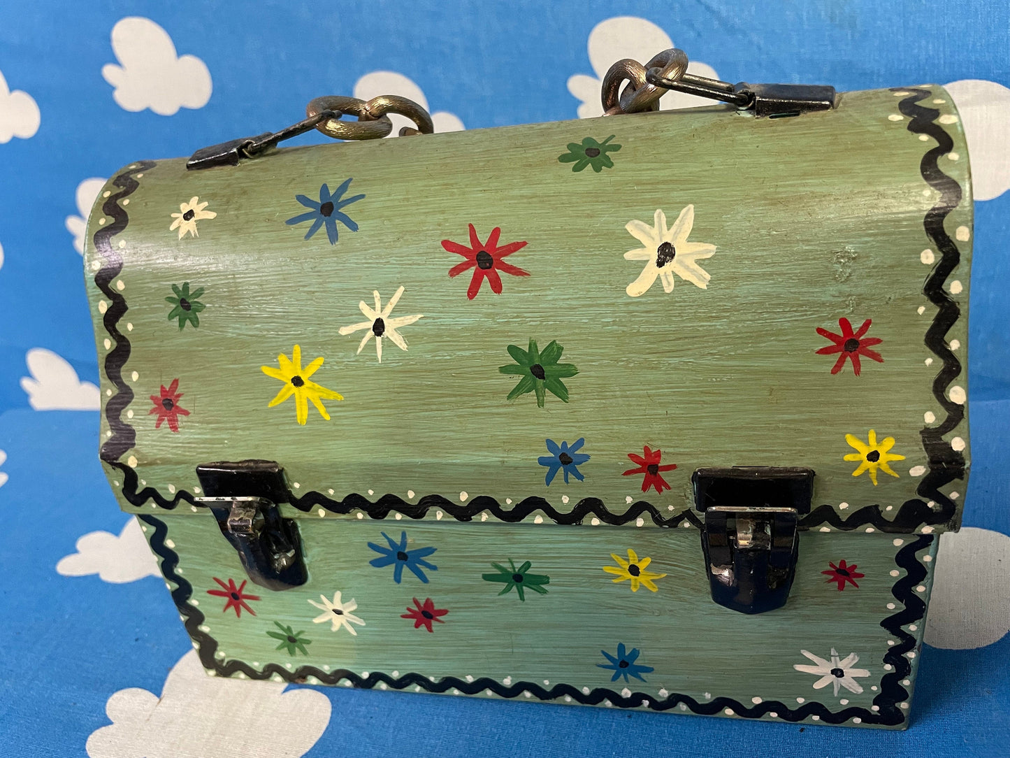 vtg 60s LUNCH PAIL PURSE // chain handle hand painted mod wooden funky hippie retro top handle  lunchbox kitschy cute hippie handmade craft