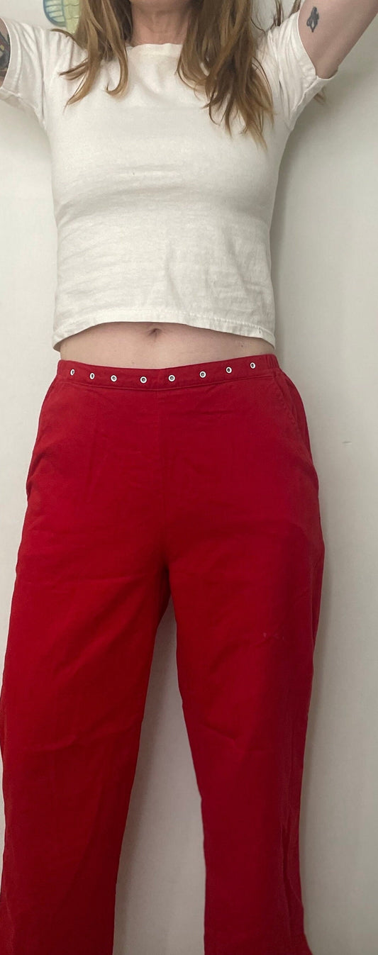 vtg 90s RED CIGARETTE PANTS / lipstick red mod capris cotton trousers high waisted mid rise mom jeans pedal pushers rockabilly retro skinny