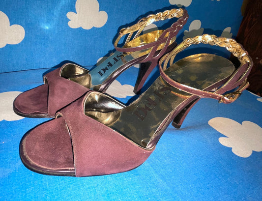 vtg 70s GOLD & PURPLE DISCO Heels // gold trimmed dainty stilettos purple suede strappy fancy evening gown heels peep toe braided strap 80s
