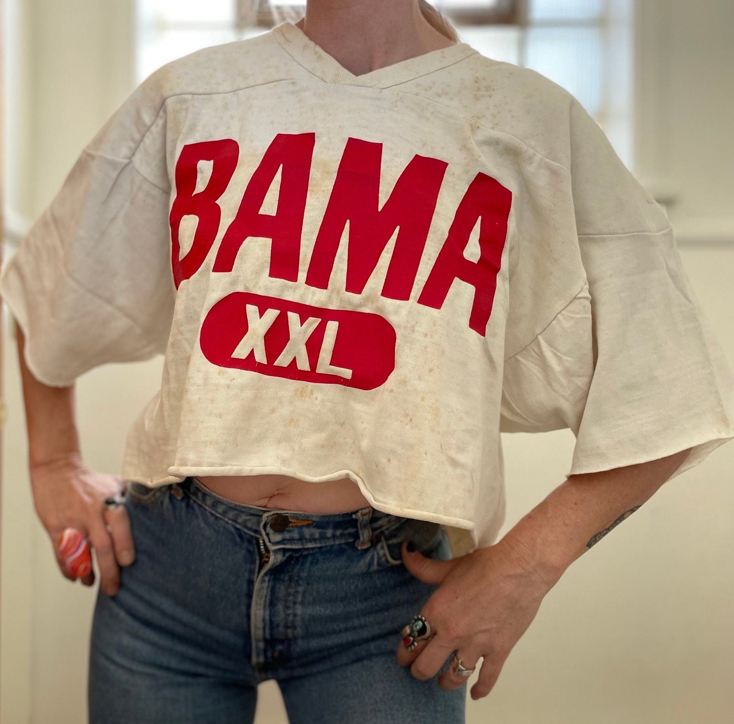 vtg 80s BAMA CUT OFF Sweatshirt // comfy slouchy baggy tee alabama sports jersey pill print jersey xxl boyfriend footbal big red logo