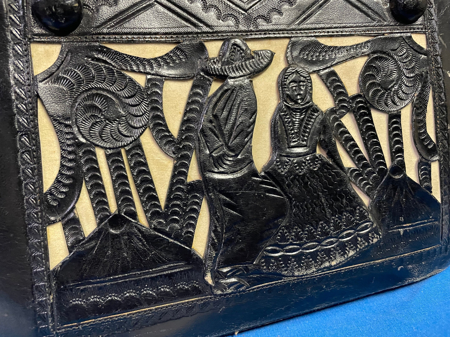 vtg 70s BLACK & WHITE LEATHER handbag // hand tooled top handle purse mexico lovers scene hippie western boho retro bohemian thick two tone