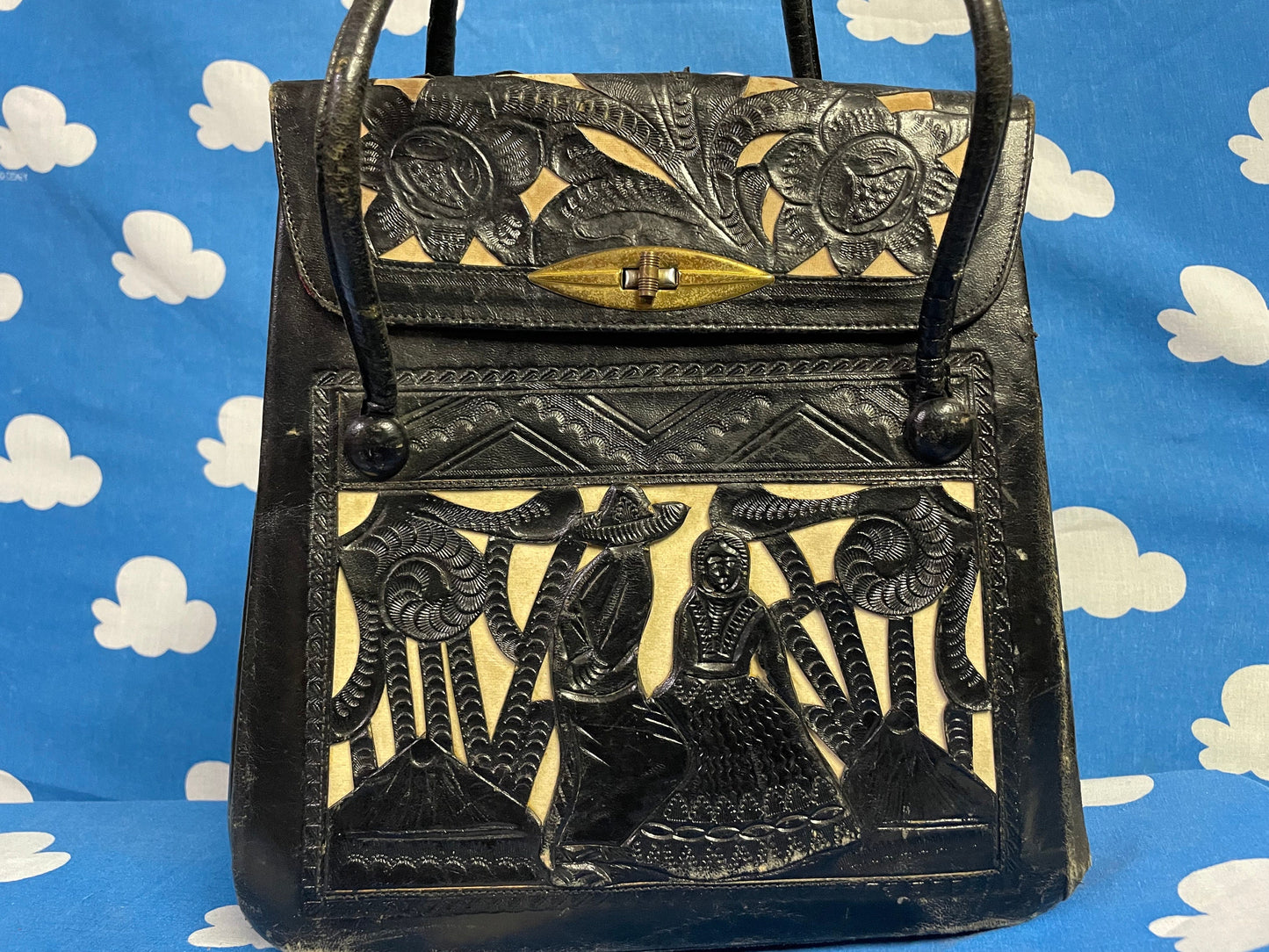 vtg 70s BLACK & WHITE LEATHER handbag // hand tooled top handle purse mexico lovers scene hippie western boho retro bohemian thick two tone