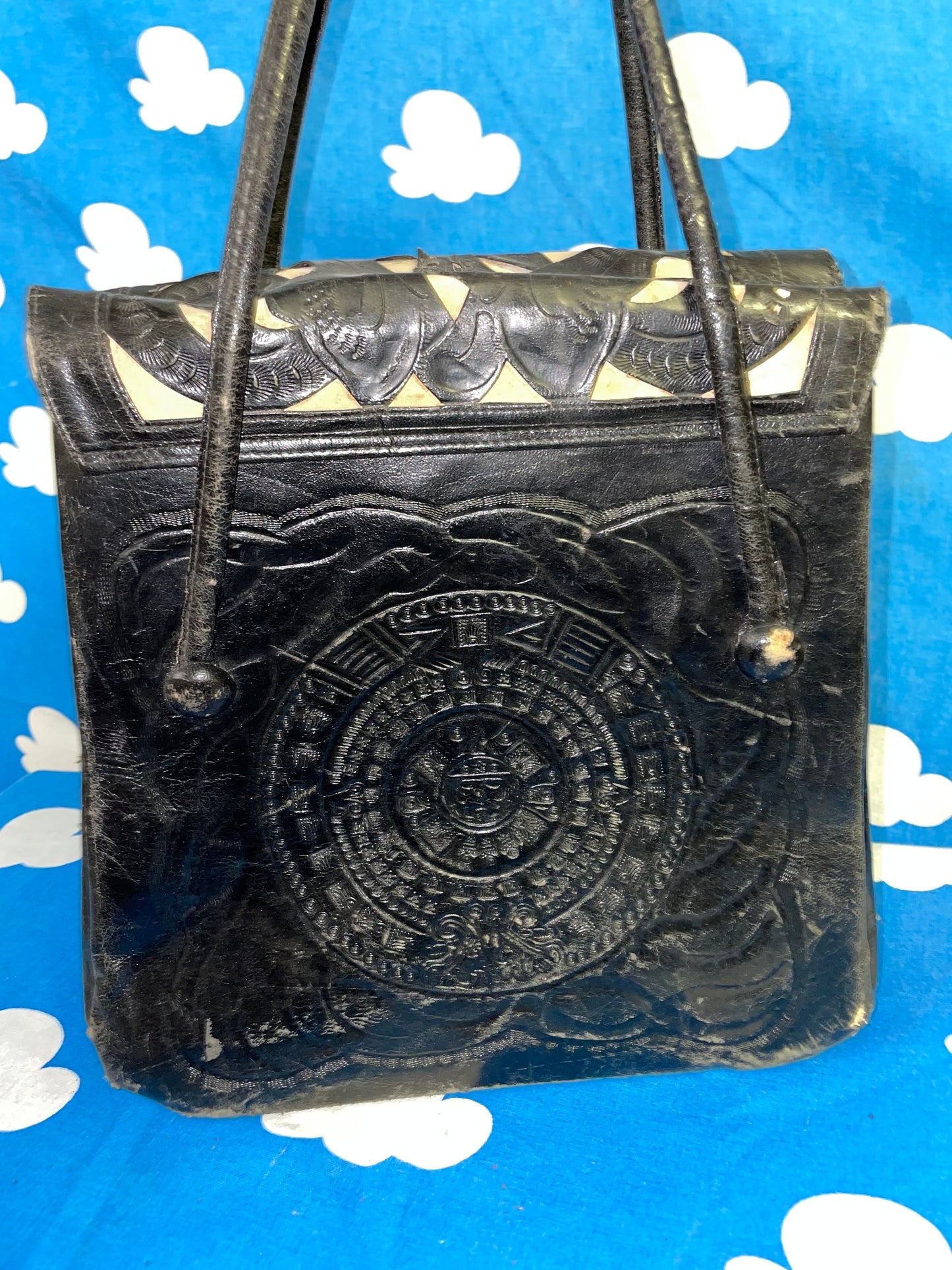 vtg 70s BLACK & WHITE LEATHER handbag // hand tooled top handle purse mexico lovers scene hippie western boho retro bohemian thick two tone