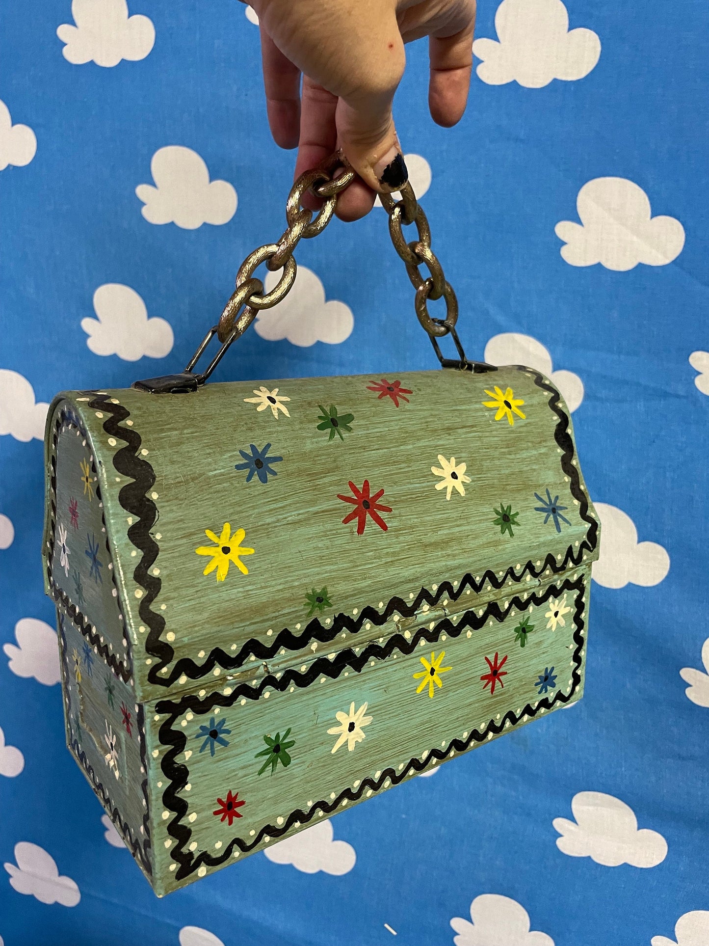 vtg 60s LUNCH PAIL PURSE // chain handle hand painted mod wooden funky hippie retro top handle  lunchbox kitschy cute hippie handmade craft