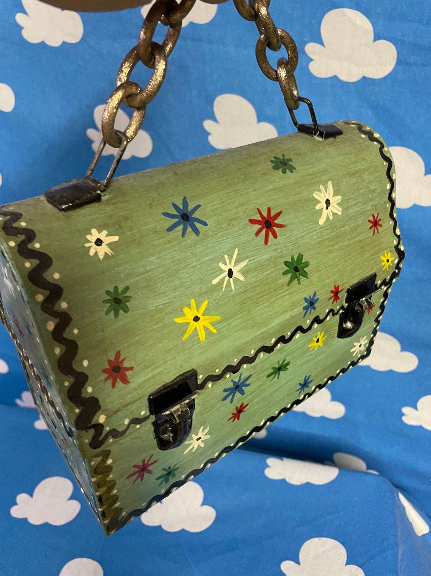 vtg 60s LUNCH PAIL PURSE // chain handle hand painted mod wooden funky hippie retro top handle  lunchbox kitschy cute hippie handmade craft