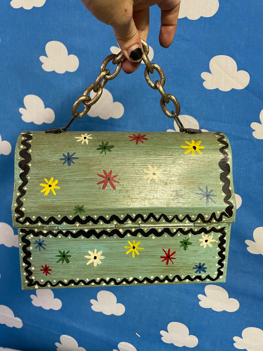 vtg 60s LUNCH PAIL PURSE // chain handle hand painted mod wooden funky hippie retro top handle  lunchbox kitschy cute hippie handmade craft