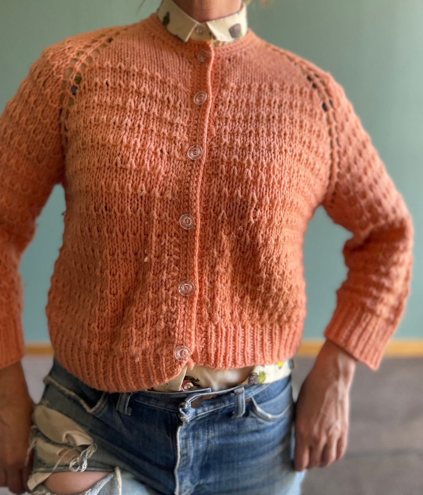 vtg 60s PASTEL MOHAIR SWEATER // vintage peach neutral knit preppy cardigan secretary style teacher autumn school casual cozy earth tones