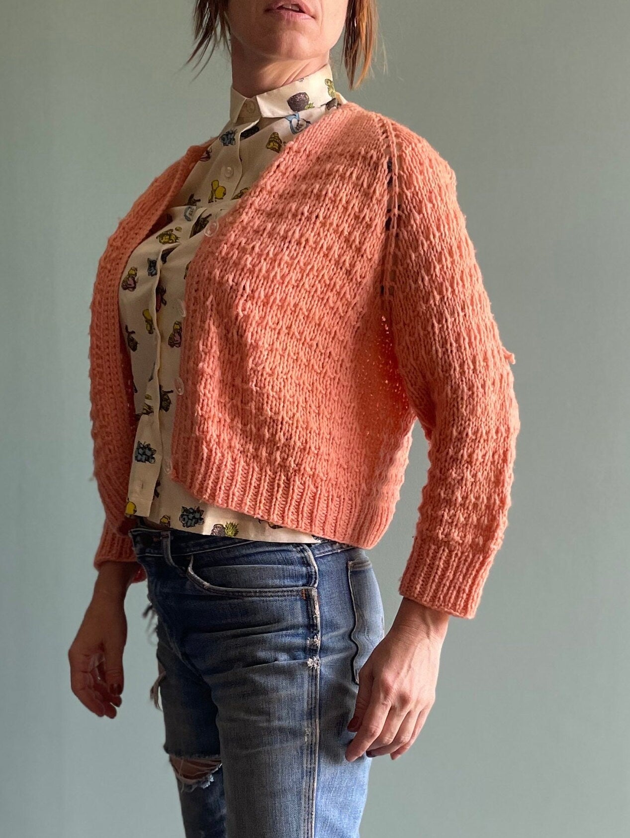 vtg 60s PASTEL MOHAIR SWEATER // vintage peach neutral knit preppy cardigan secretary style teacher autumn school casual cozy earth tones