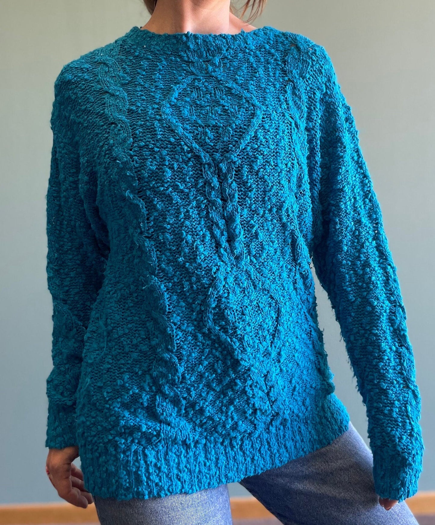 vtg 80s TEAL CABLE KNIT Sweater // vintage bright textured cobalt blue slouchy casual 3d chunky knit oversized coastal granny grunge style