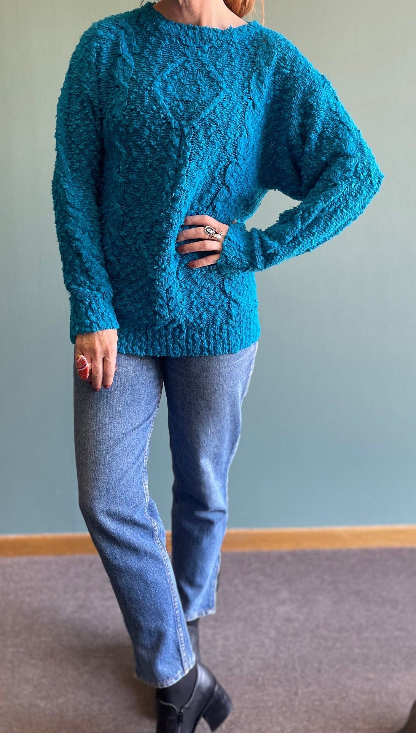 vtg 80s TEAL CABLE KNIT Sweater // vintage bright textured cobalt blue slouchy casual 3d chunky knit oversized coastal granny grunge style