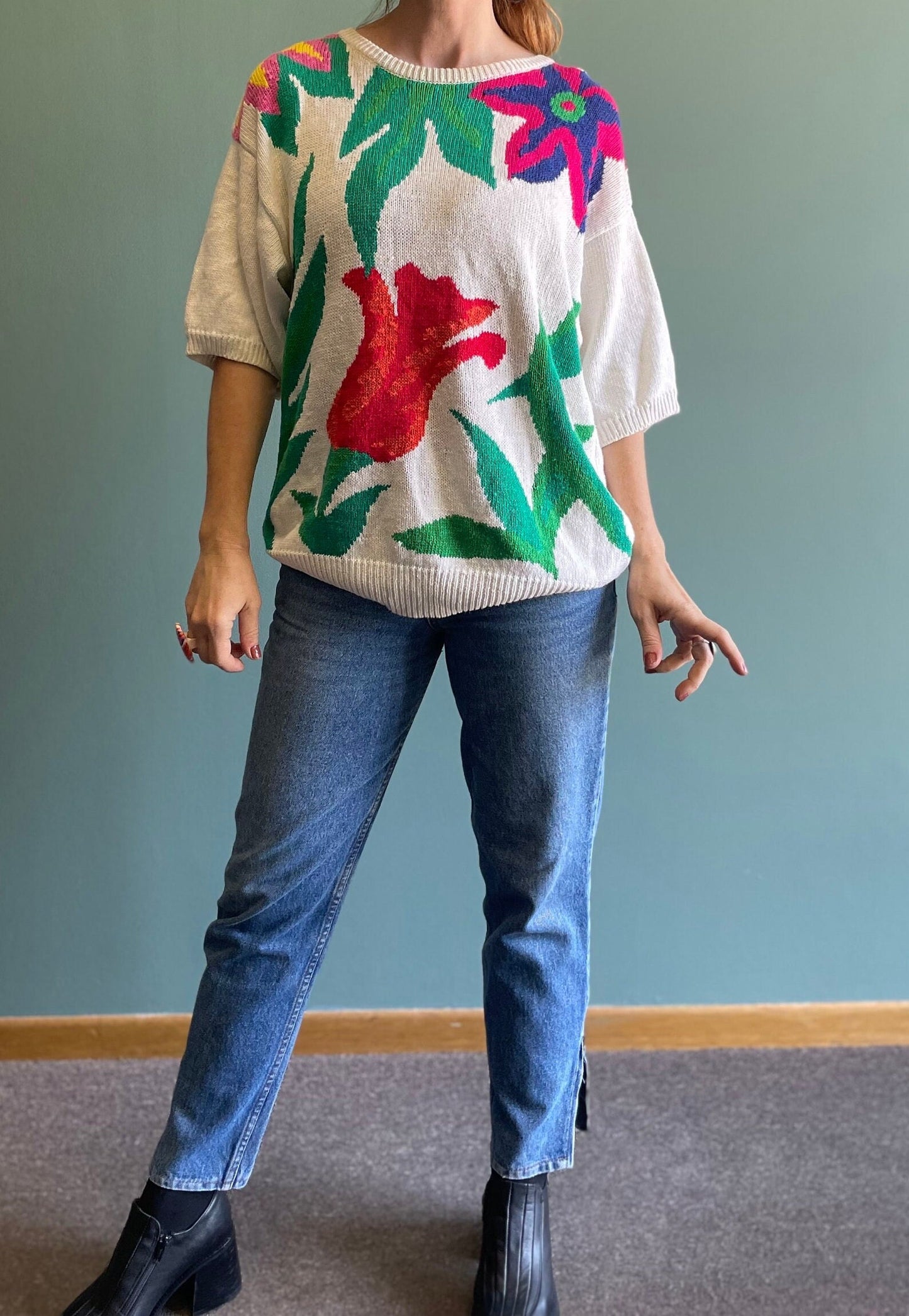 vtg 80s FLORAL PATTERN SWEATER // vintage leslie fay cotton short sleeve sweater haberdashery soft knit abstract flowy comfy casual retro