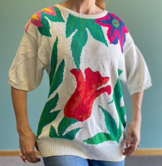 vtg 80s FLORAL PATTERN SWEATER // vintage leslie fay cotton short sleeve sweater haberdashery soft knit abstract flowy comfy casual retro