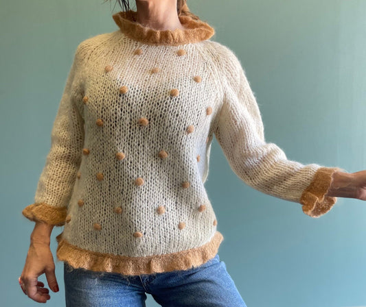 vtg 60s POM MOHAIR SWEATER // vintage flare sleeve trimmed cuffs ivory cream fuzzy sweater soft white taupe polka dots Pom Pom  granny style