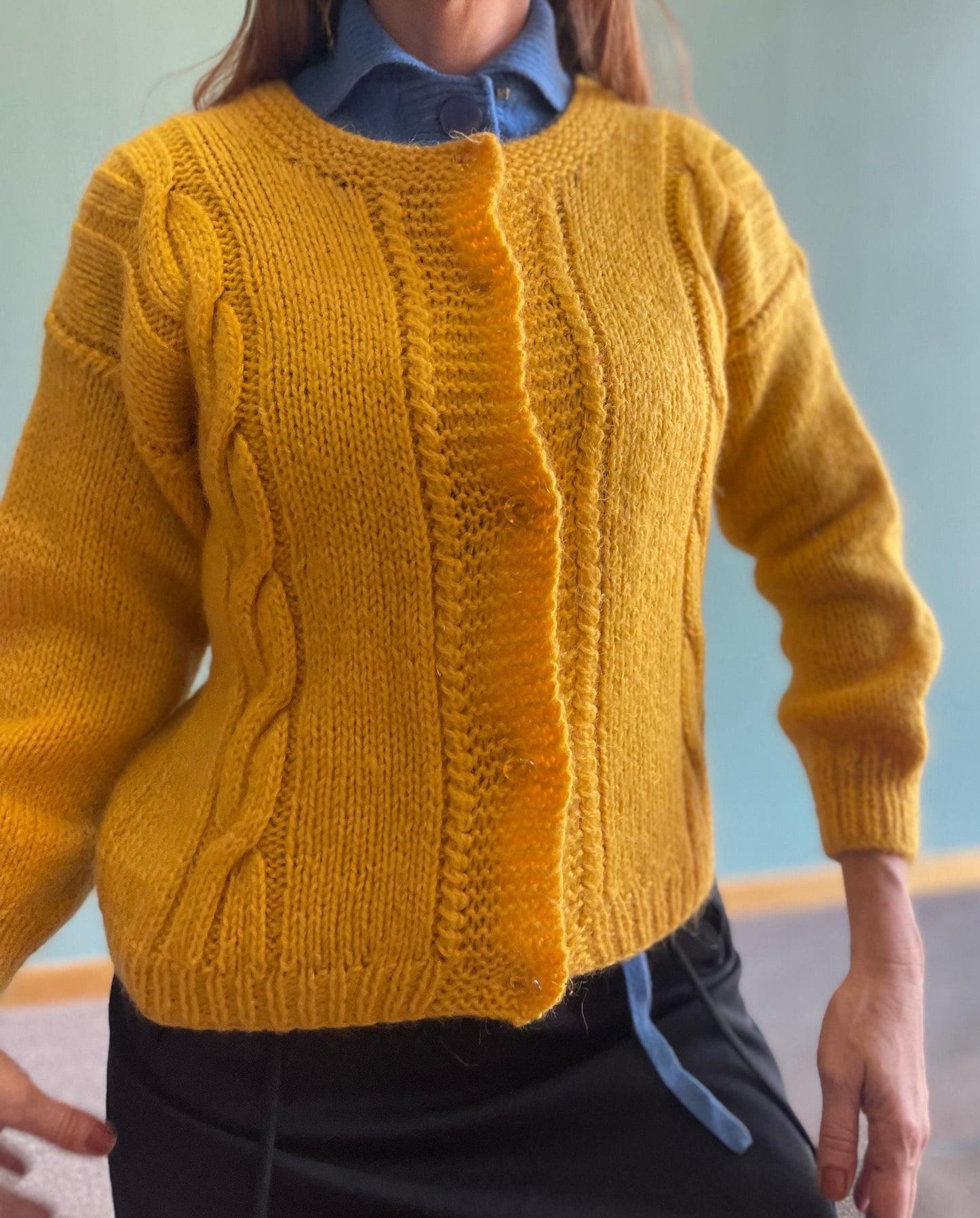 vtg 60s MARIGOLD MOHAIR CARDIGAN // vintage mustard yellow fuzzy cable knit jewel tones minimalist preppy rockabilly secretary teacher