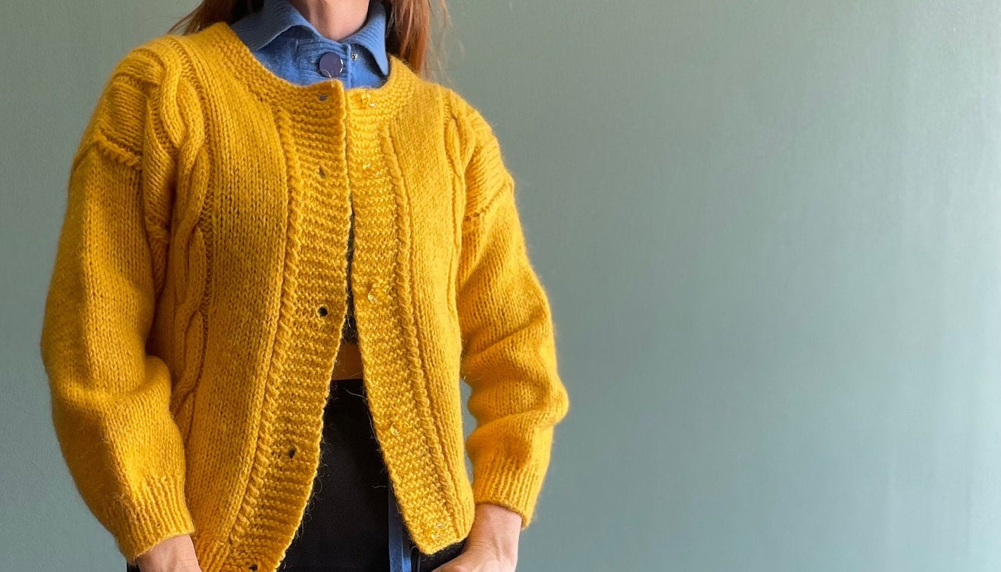 vtg 60s MARIGOLD MOHAIR CARDIGAN // vintage mustard yellow fuzzy cable knit jewel tones minimalist preppy rockabilly secretary teacher