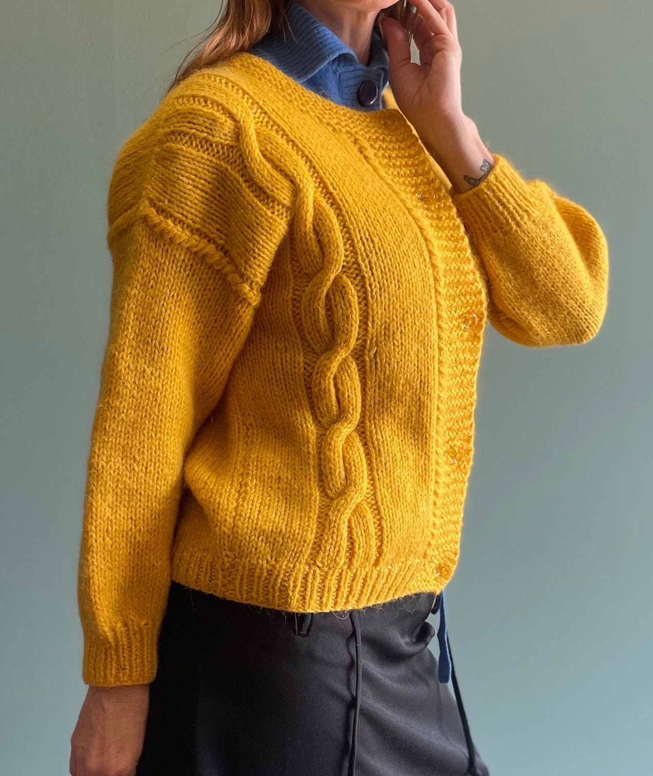 vtg 60s MARIGOLD MOHAIR CARDIGAN // vintage mustard yellow fuzzy cable knit jewel tones minimalist preppy rockabilly secretary teacher