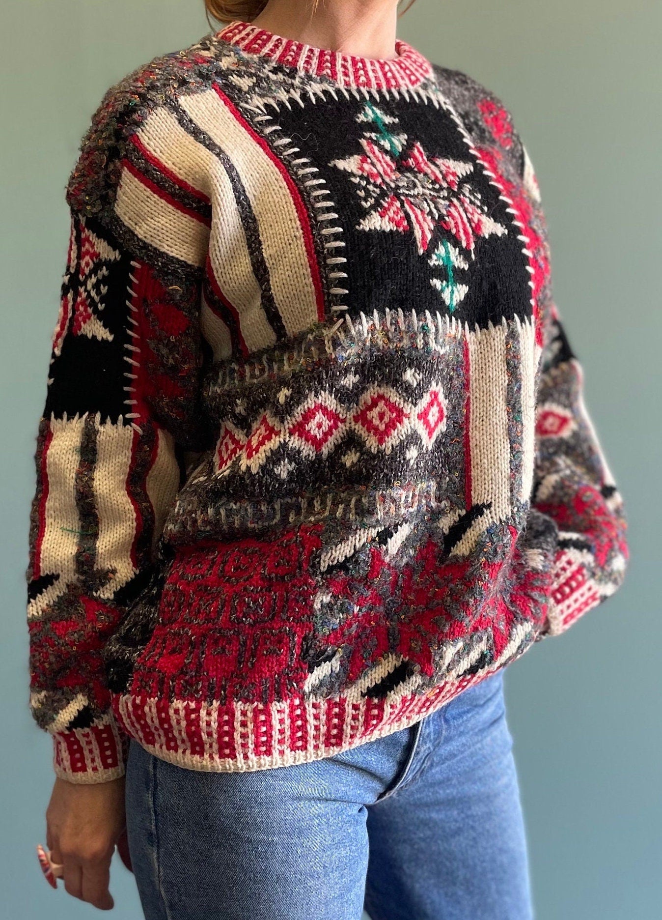 vtg 80s PATCHWORK KNIT SWEATER // vintage abstract pattern hand knit thick wool cozy autumn festive holiday era teacher style casual comfy