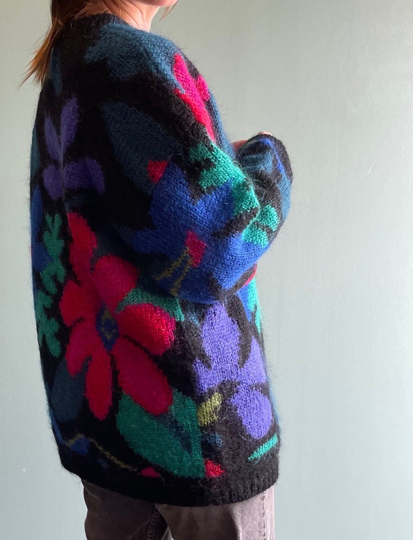 vtg 90s MOHAIR FLOWER POWER Sweater // vintage floral valley grunge style fuzzy hippie mod y2k bright funky fuzzy pullover baggy slouchy L