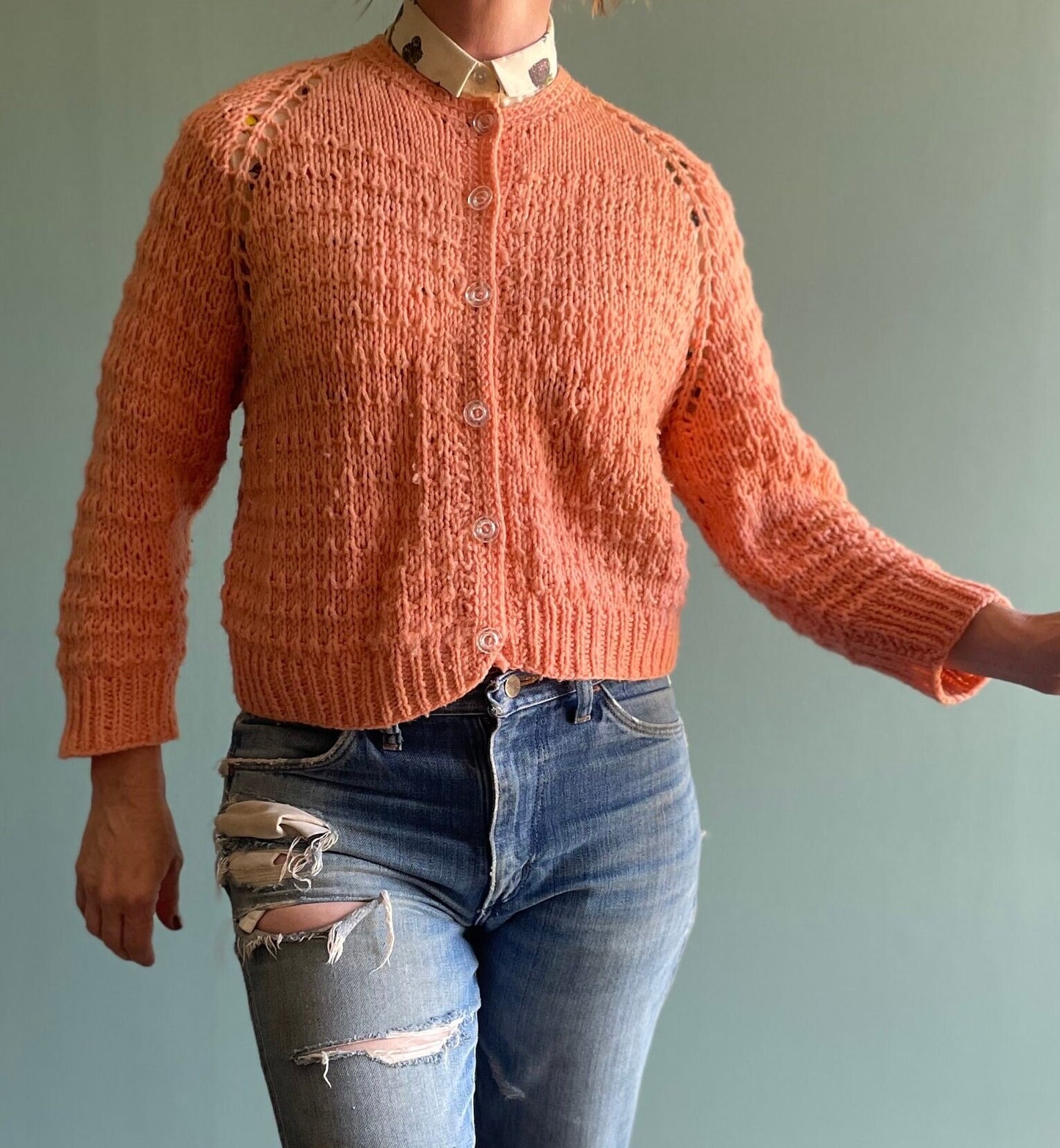 vtg 60s PASTEL MOHAIR SWEATER // vintage peach neutral knit preppy cardigan secretary style teacher autumn school casual cozy earth tones