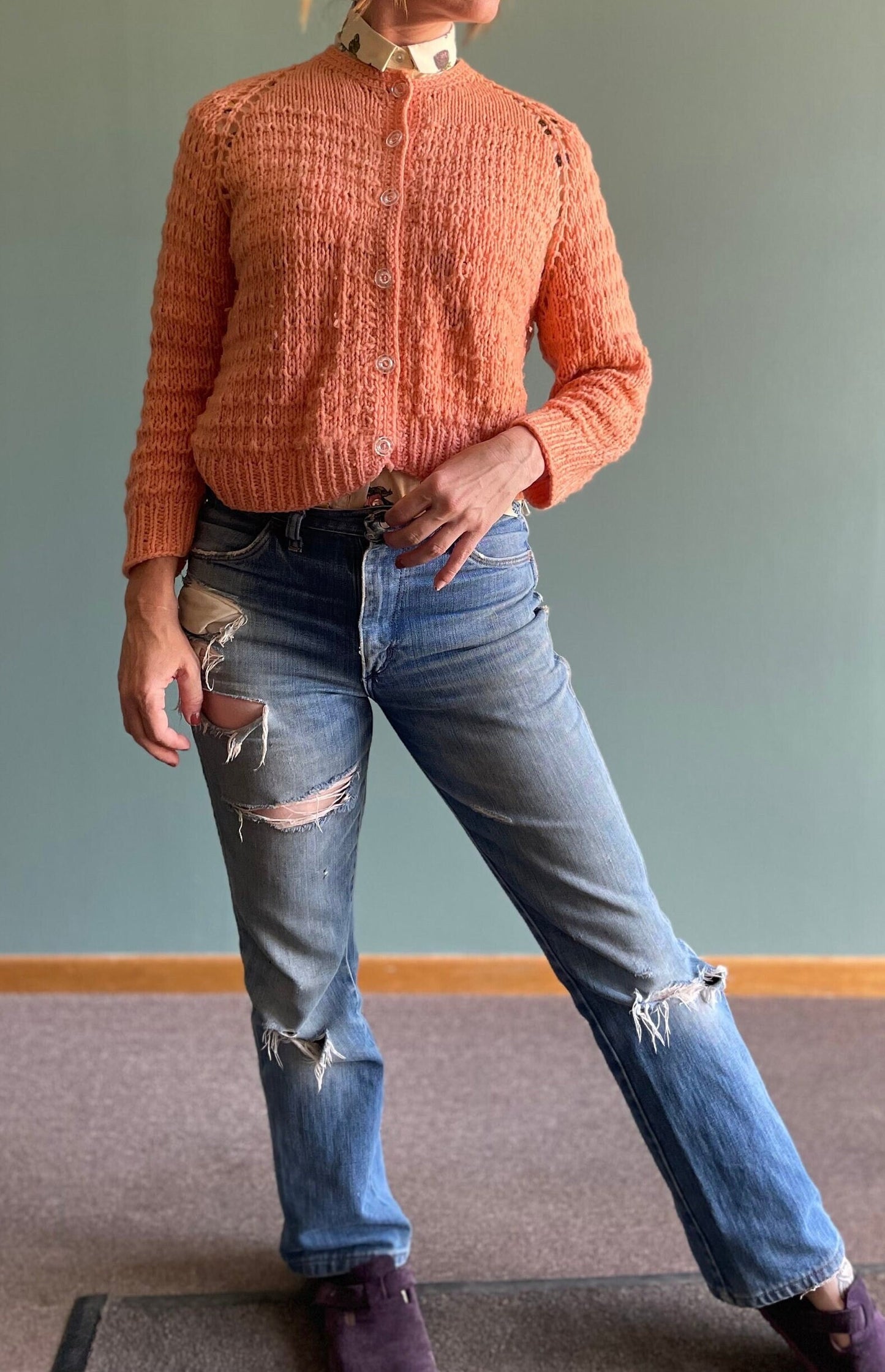 vtg 60s PASTEL MOHAIR SWEATER // vintage peach neutral knit preppy cardigan secretary style teacher autumn school casual cozy earth tones