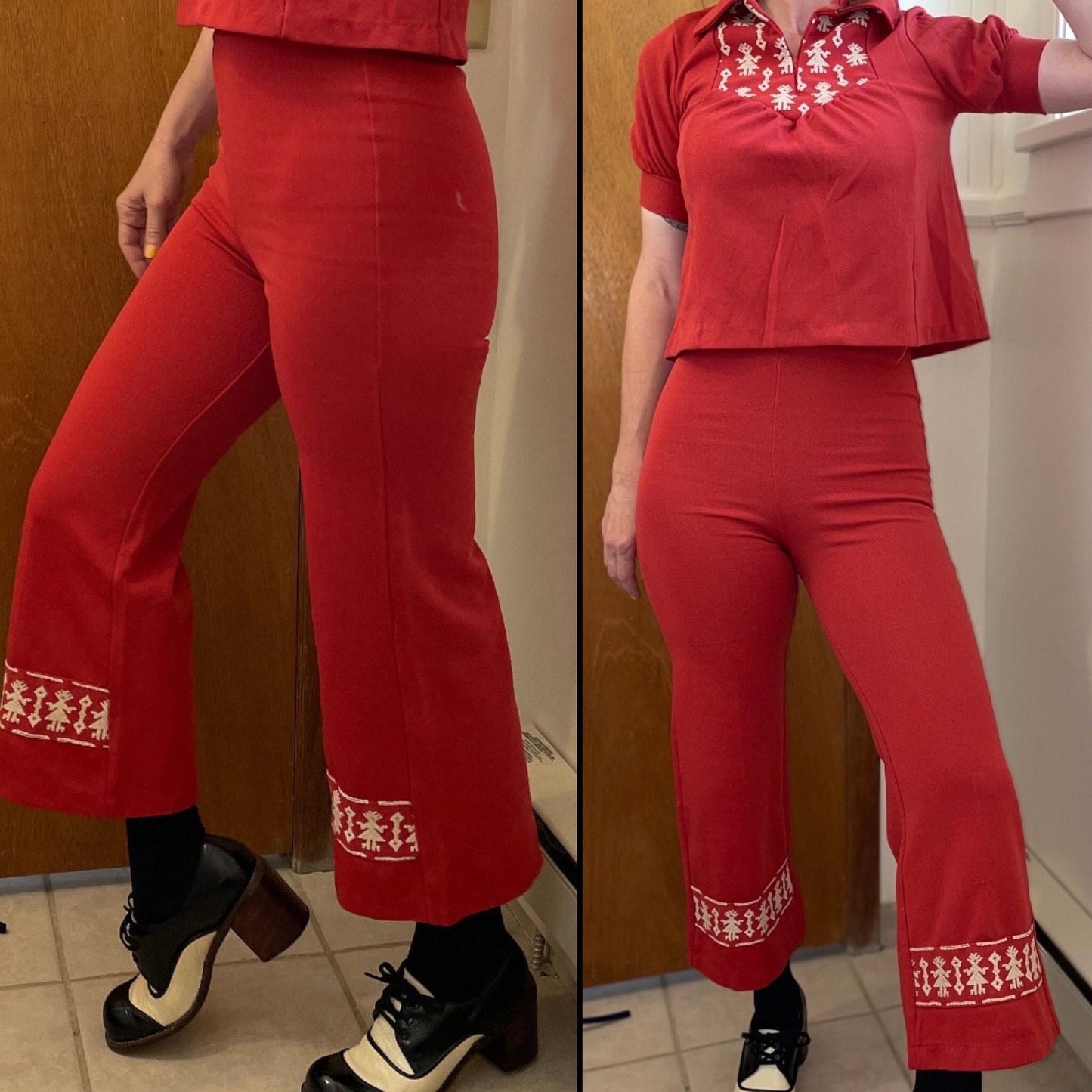vtg 70s 2 PIECE PANTSUIT // vintage flare pants set xs womens crop top and bell bottoms retro petite autumn vibes embroidered hippie mod set