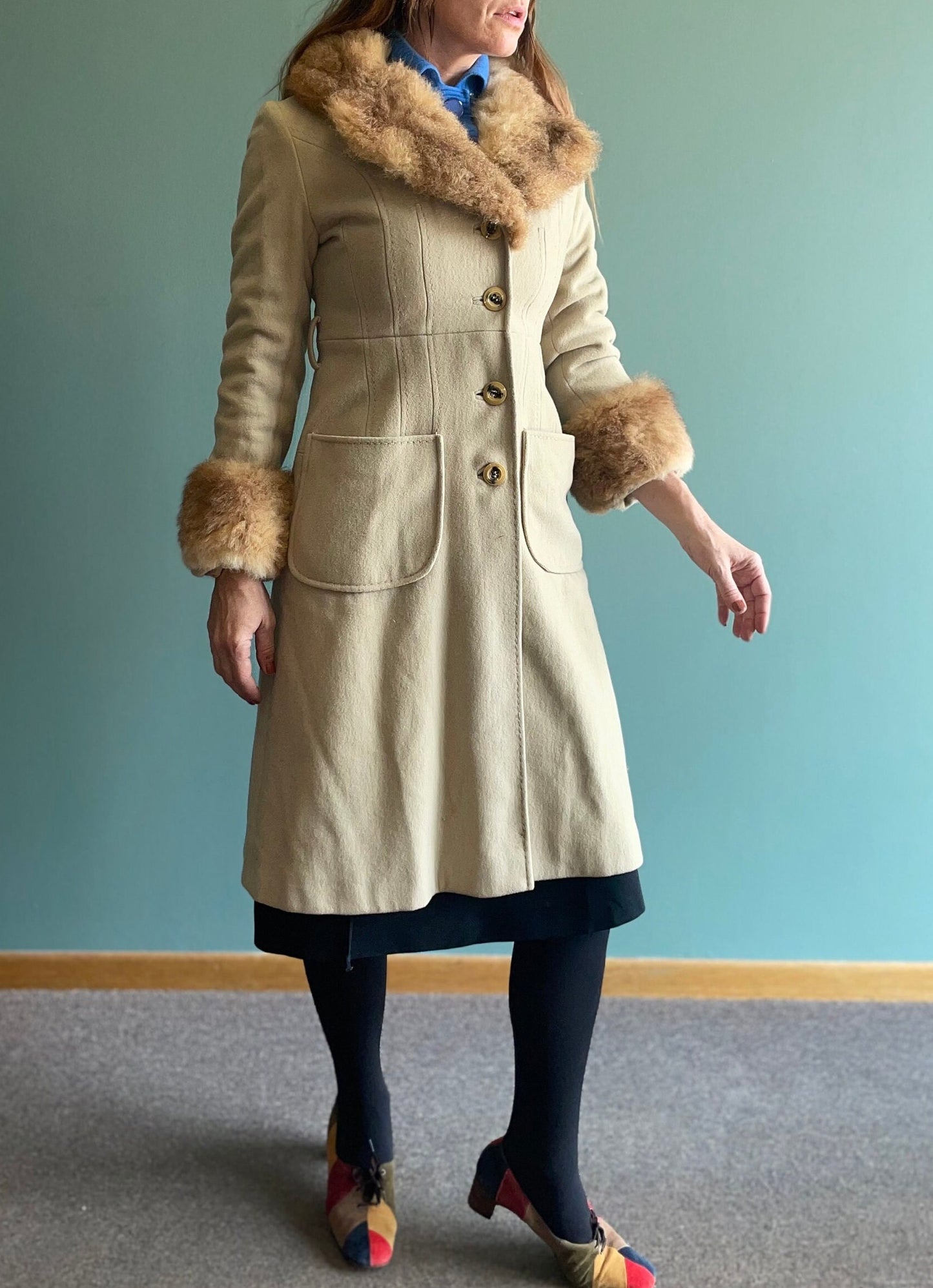vtg 60s FUR TRIMMED COAT // vintage beige wool stroller trench wool duster fancy big cuffs penny lane style retro neutral earth tones jacket