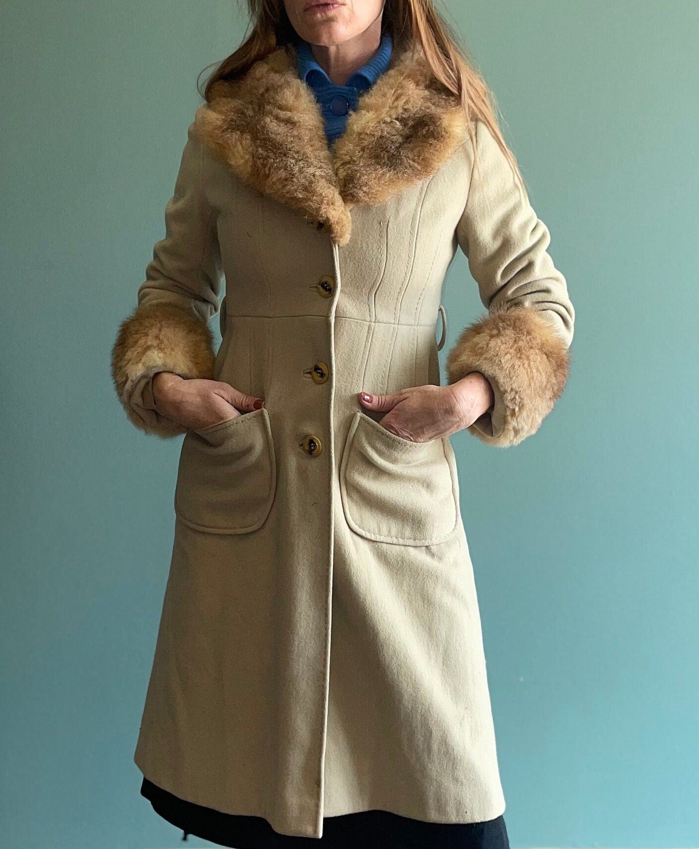 vtg 60s FUR TRIMMED COAT // vintage beige wool stroller trench wool duster fancy big cuffs penny lane style retro neutral earth tones jacket