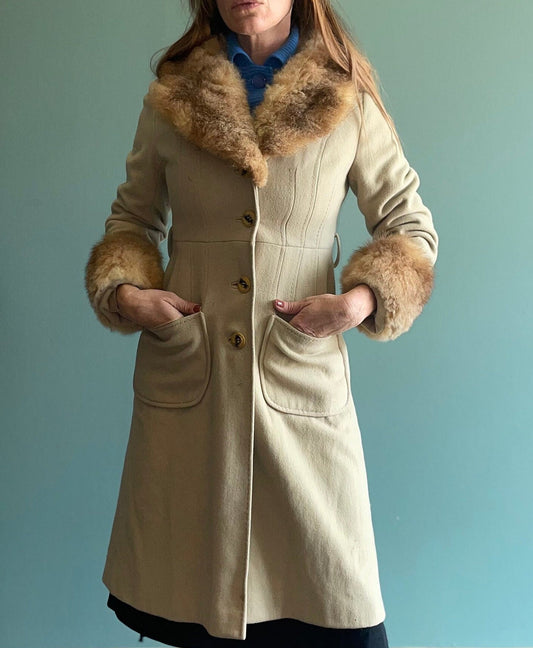 vtg 60s FUR TRIMMED COAT // vintage beige wool stroller trench wool duster fancy big cuffs penny lane style retro neutral earth tones jacket