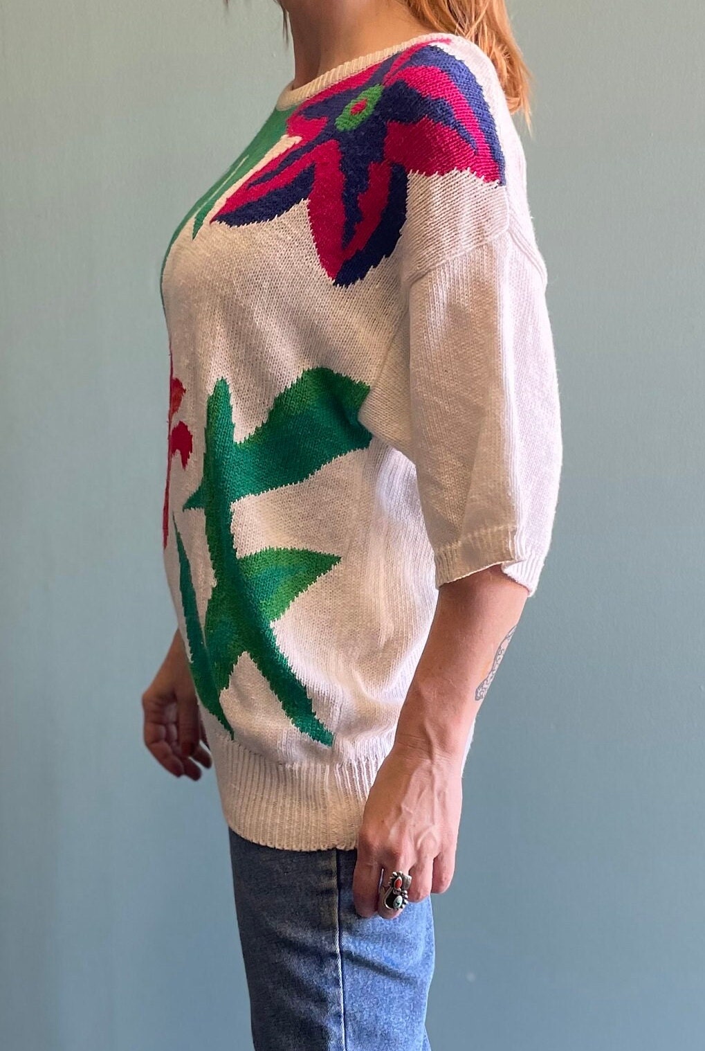 vtg 80s FLORAL PATTERN SWEATER // vintage leslie fay cotton short sleeve sweater haberdashery soft knit abstract flowy comfy casual retro