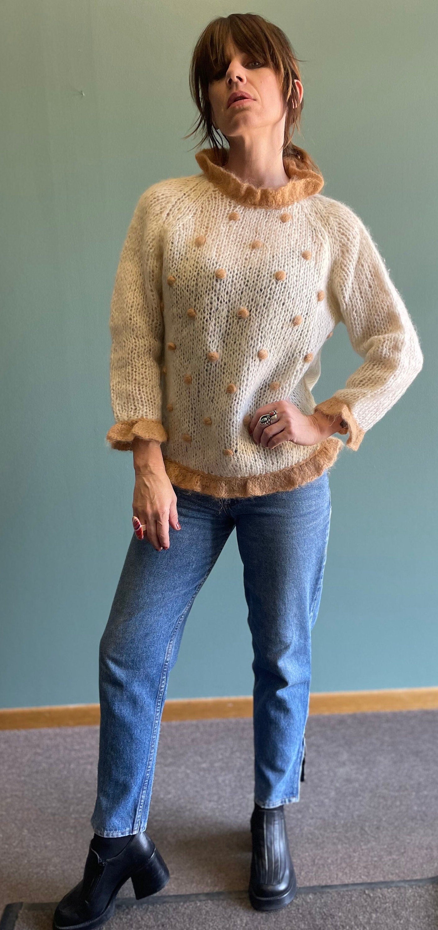 vtg 60s POM MOHAIR SWEATER // vintage flare sleeve trimmed cuffs ivory cream fuzzy sweater soft white taupe polka dots Pom Pom  granny style