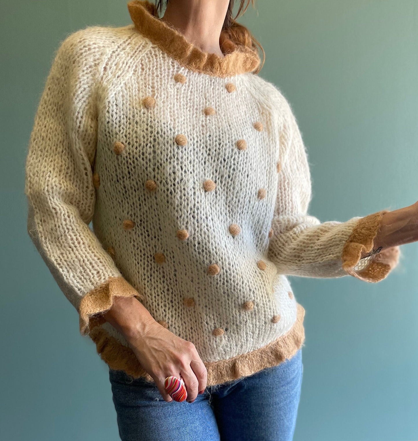 vtg 60s POM MOHAIR SWEATER // vintage flare sleeve trimmed cuffs ivory cream fuzzy sweater soft white taupe polka dots Pom Pom  granny style