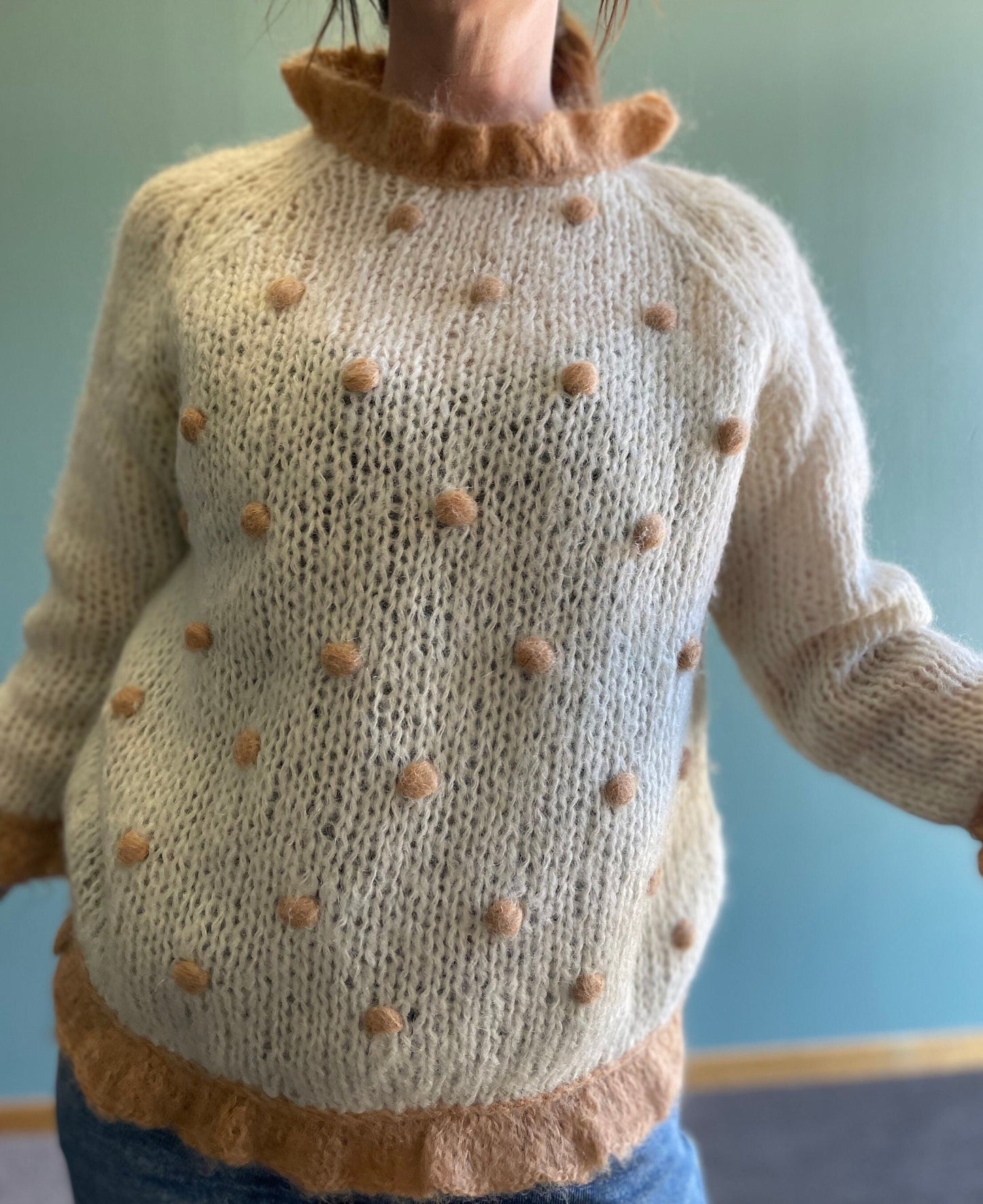 vtg 60s POM MOHAIR SWEATER // vintage flare sleeve trimmed cuffs ivory cream fuzzy sweater soft white taupe polka dots Pom Pom  granny style