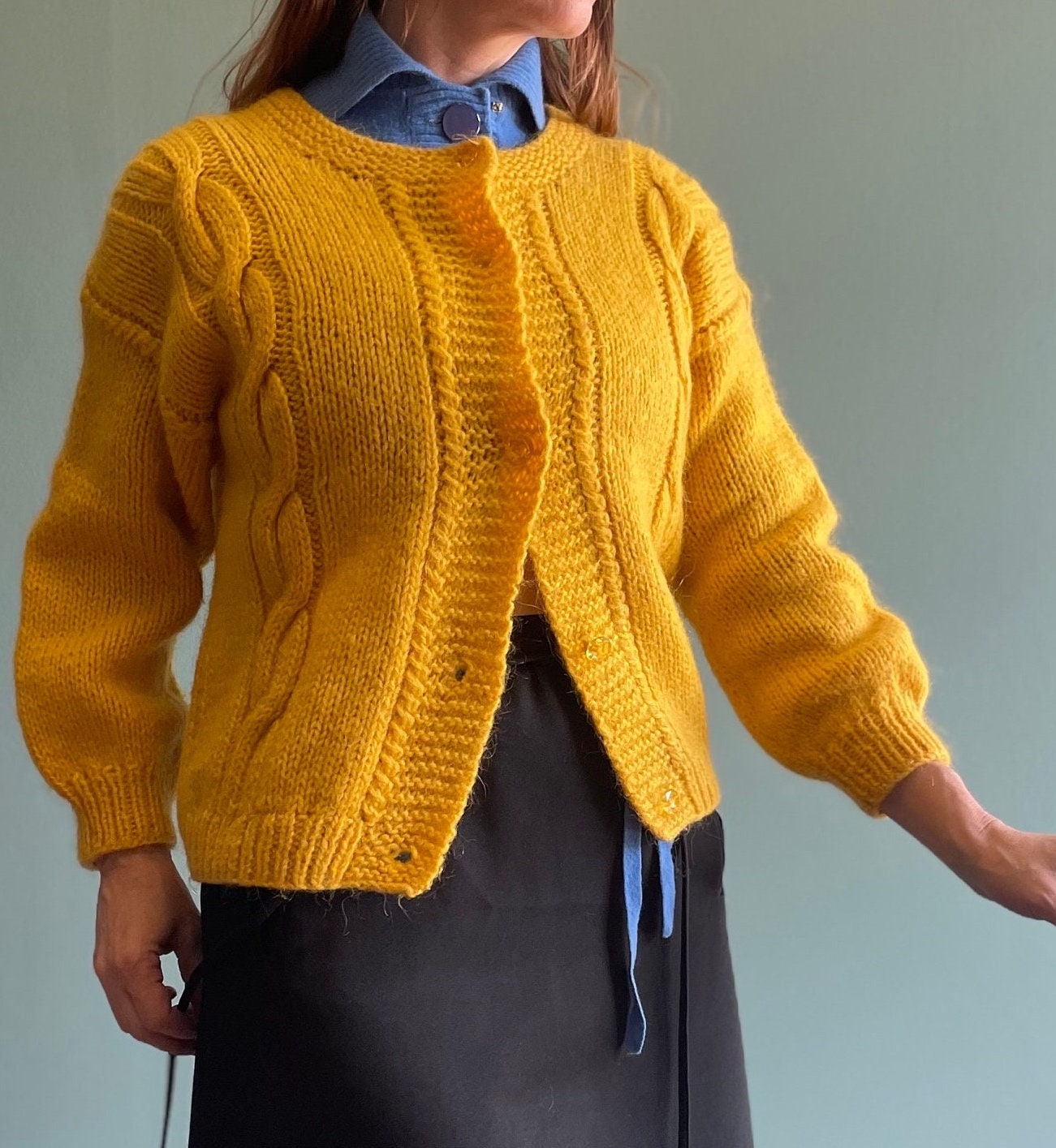 vtg 60s MARIGOLD MOHAIR CARDIGAN // vintage mustard yellow fuzzy cable knit jewel tones minimalist preppy rockabilly secretary teacher
