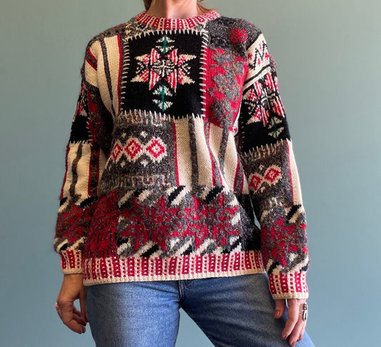 vtg 80s PATCHWORK KNIT SWEATER // vintage abstract pattern hand knit thick wool cozy autumn festive holiday era teacher style casual comfy