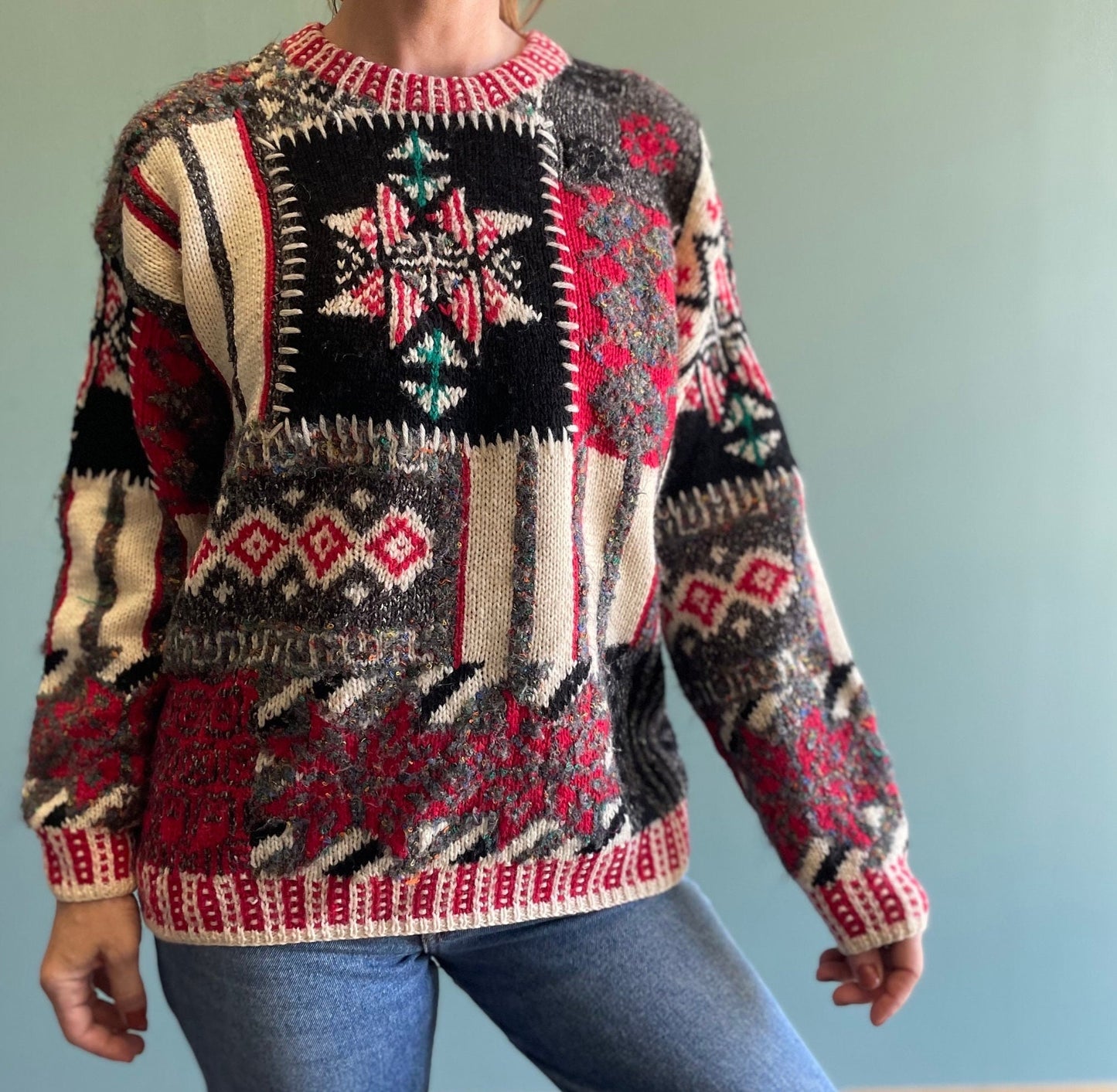 vtg 80s PATCHWORK KNIT SWEATER // vintage abstract pattern hand knit thick wool cozy autumn festive holiday era teacher style casual comfy