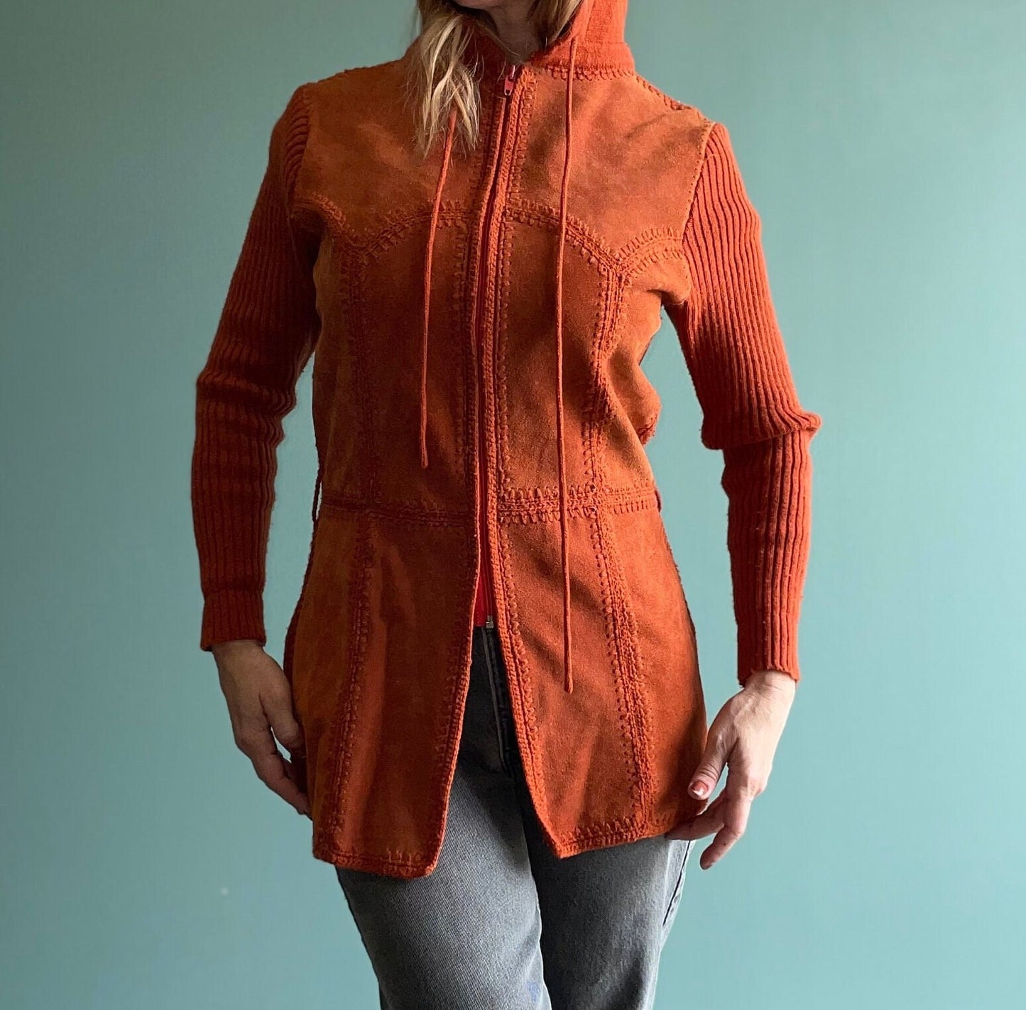 vtg 70s ORANGE SUEDE KNIT jacket // vintage hooded leather zip up coat autumn fall fashion warm tones hippie bohemian retro boho foxmoor