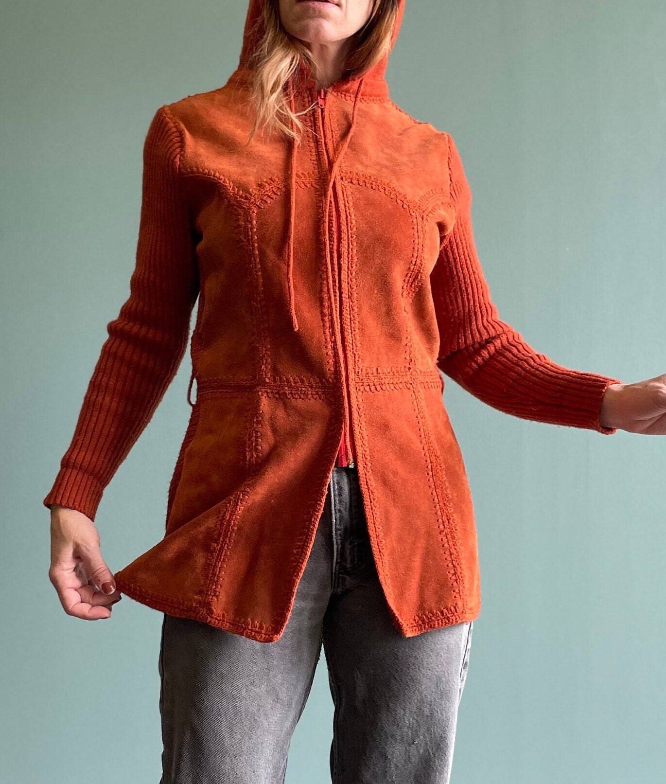 vtg 70s ORANGE SUEDE KNIT jacket // vintage hooded leather zip up coat autumn fall fashion warm tones hippie bohemian retro boho foxmoor