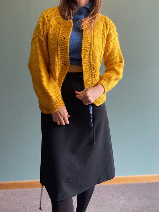 vtg 60s MARIGOLD MOHAIR CARDIGAN // vintage mustard yellow fuzzy cable knit jewel tones minimalist preppy rockabilly secretary teacher