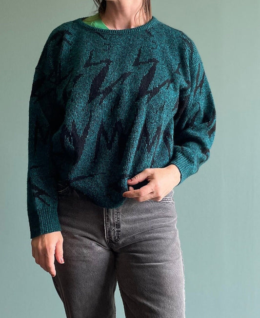 vtg 80s LIGHTNING BOLT SWEATER // vintage squiggle pattern teal abstract print knit silvercord petite large two tone contrast op art casual
