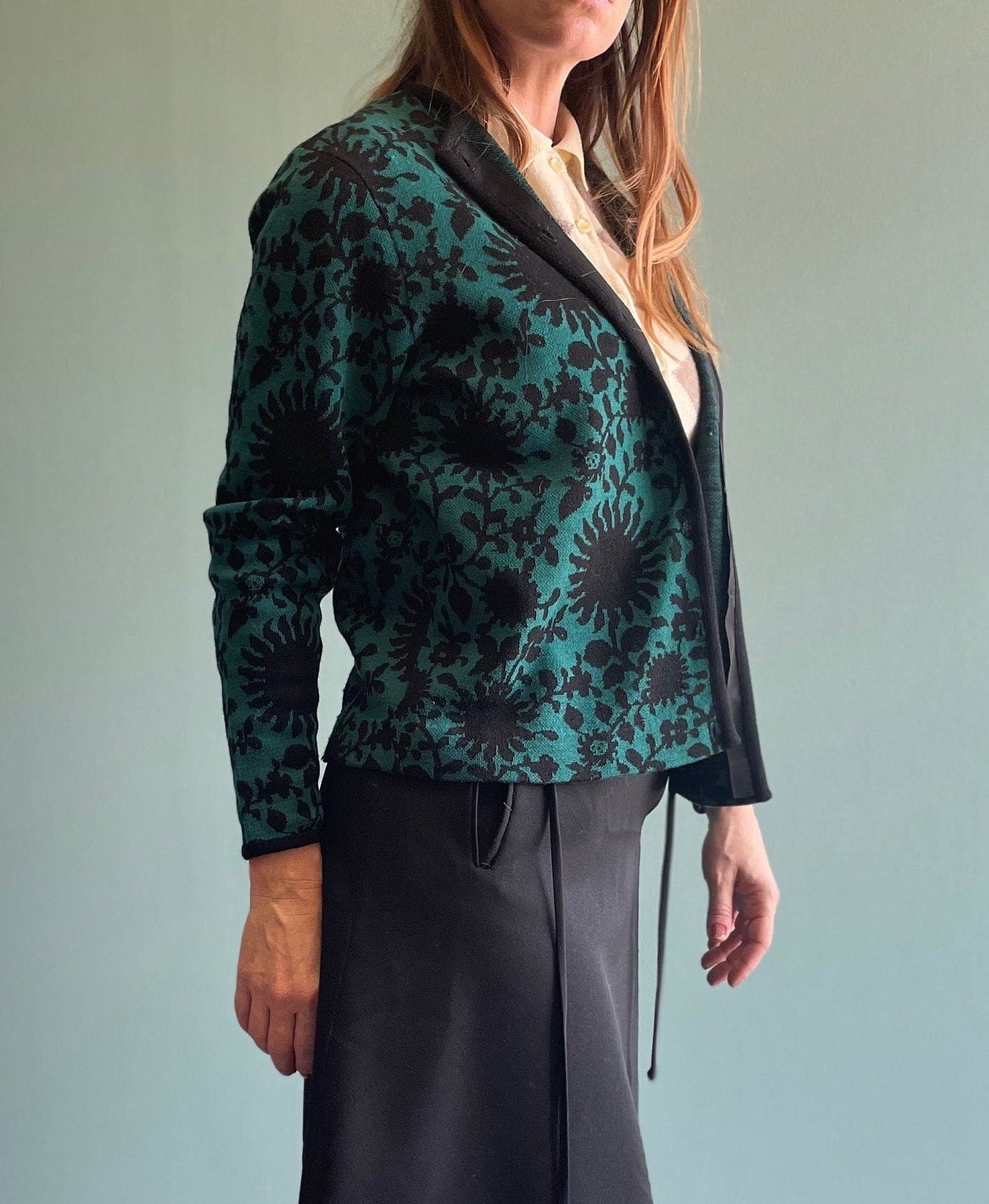 vtg 60s JANTZEN FLORAL CARDIGAN // vintage abstract pattern preppy rockabilly style winter sweater blue & black pattern autumn vibes teacher