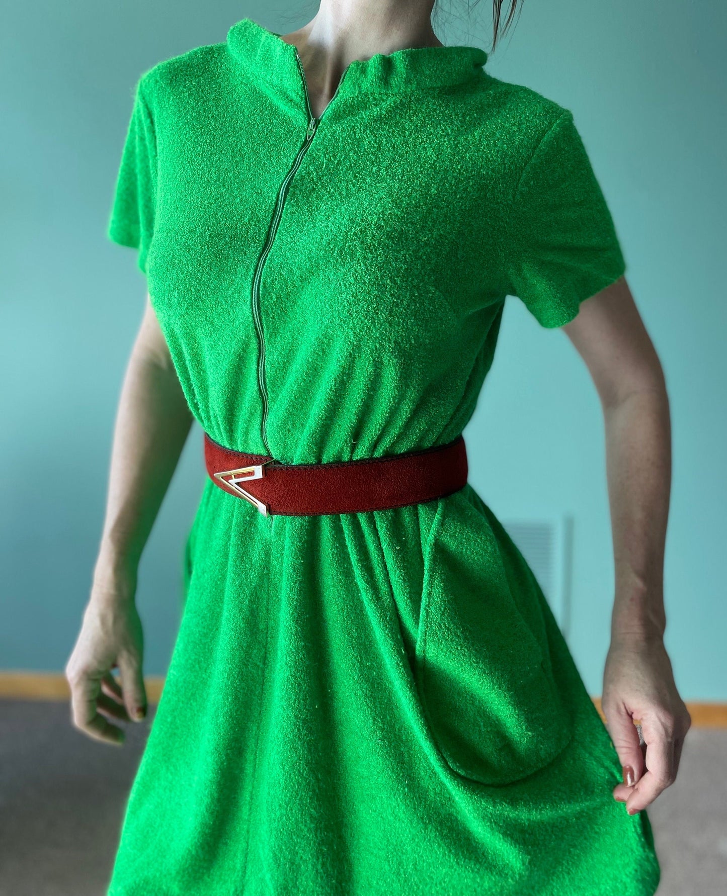 vtg 70s GREEN TERRY CLOTH // vintage mini dress mod tent dress loose fit with pockets bright neon green towel dress fuzzy textured cover up