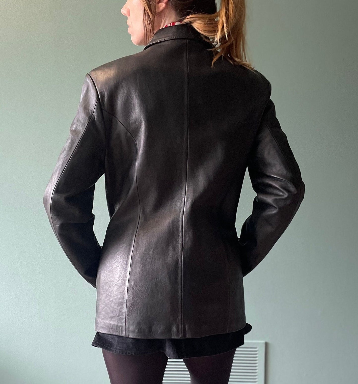 vtg 70s LUSANT BLACK LEATHER Jacket // vintage mod moto button up sleek soft supple pointy collar trench duster chic minimalist autumn fall