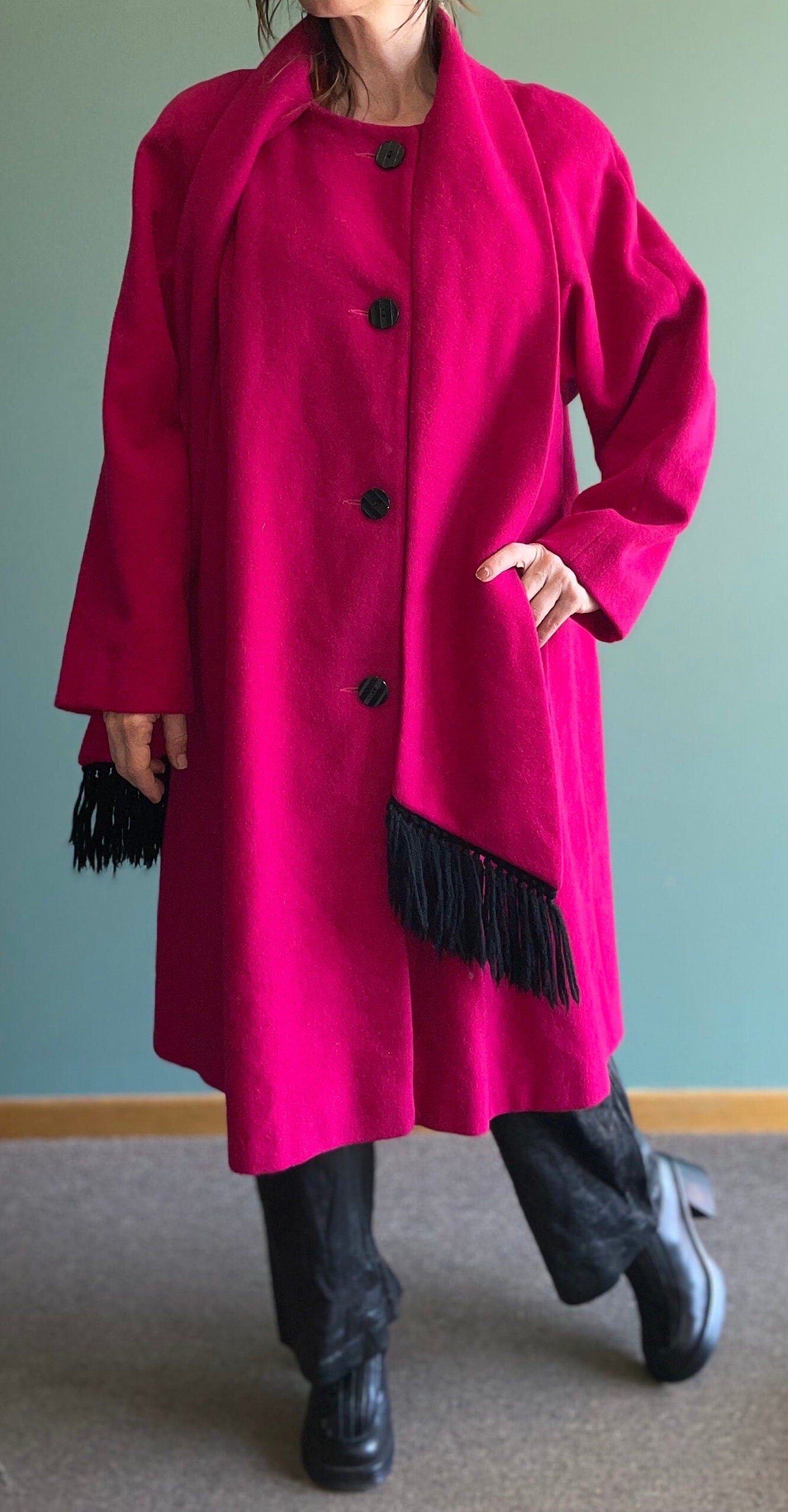 vtg 80s FUCHSIA COAT & SCARF // vintage plush pink two tone  oversized small wool winter overcoat downtown metro stylish autumn jacket sash