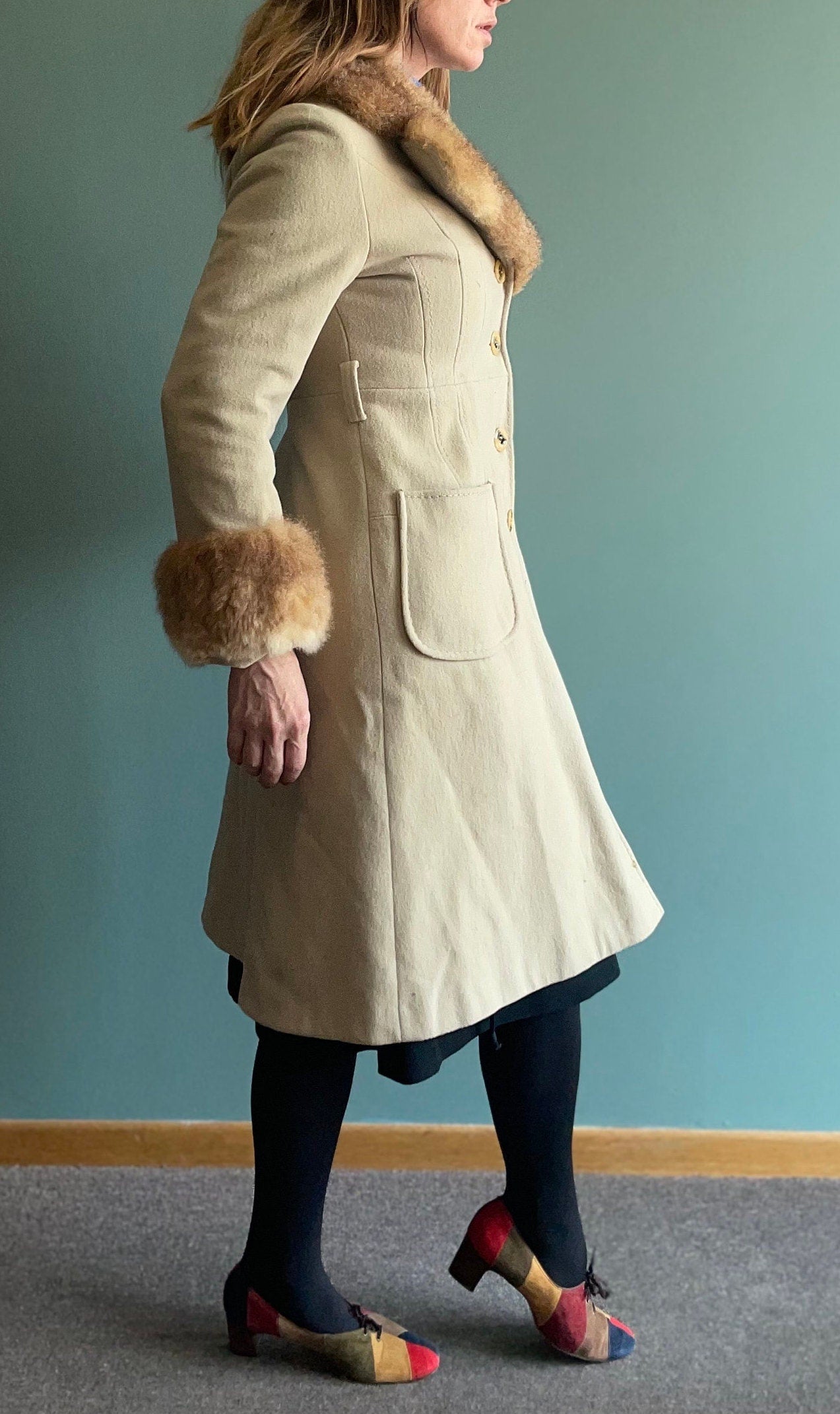 vtg 60s FUR TRIMMED COAT // vintage beige wool stroller trench wool duster fancy big cuffs penny lane style retro neutral earth tones jacket