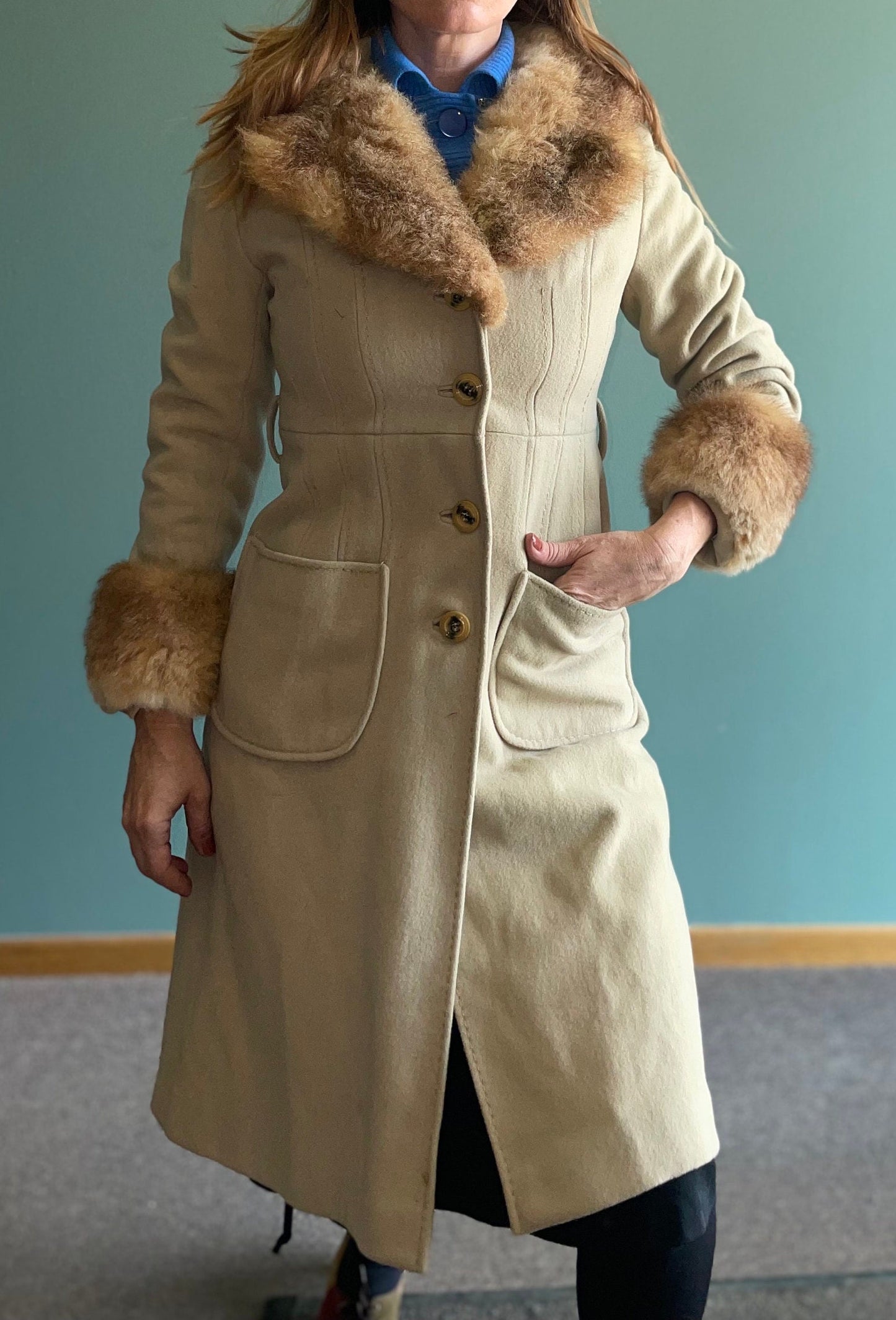vtg 60s FUR TRIMMED COAT // vintage beige wool stroller trench wool duster fancy big cuffs penny lane style retro neutral earth tones jacket