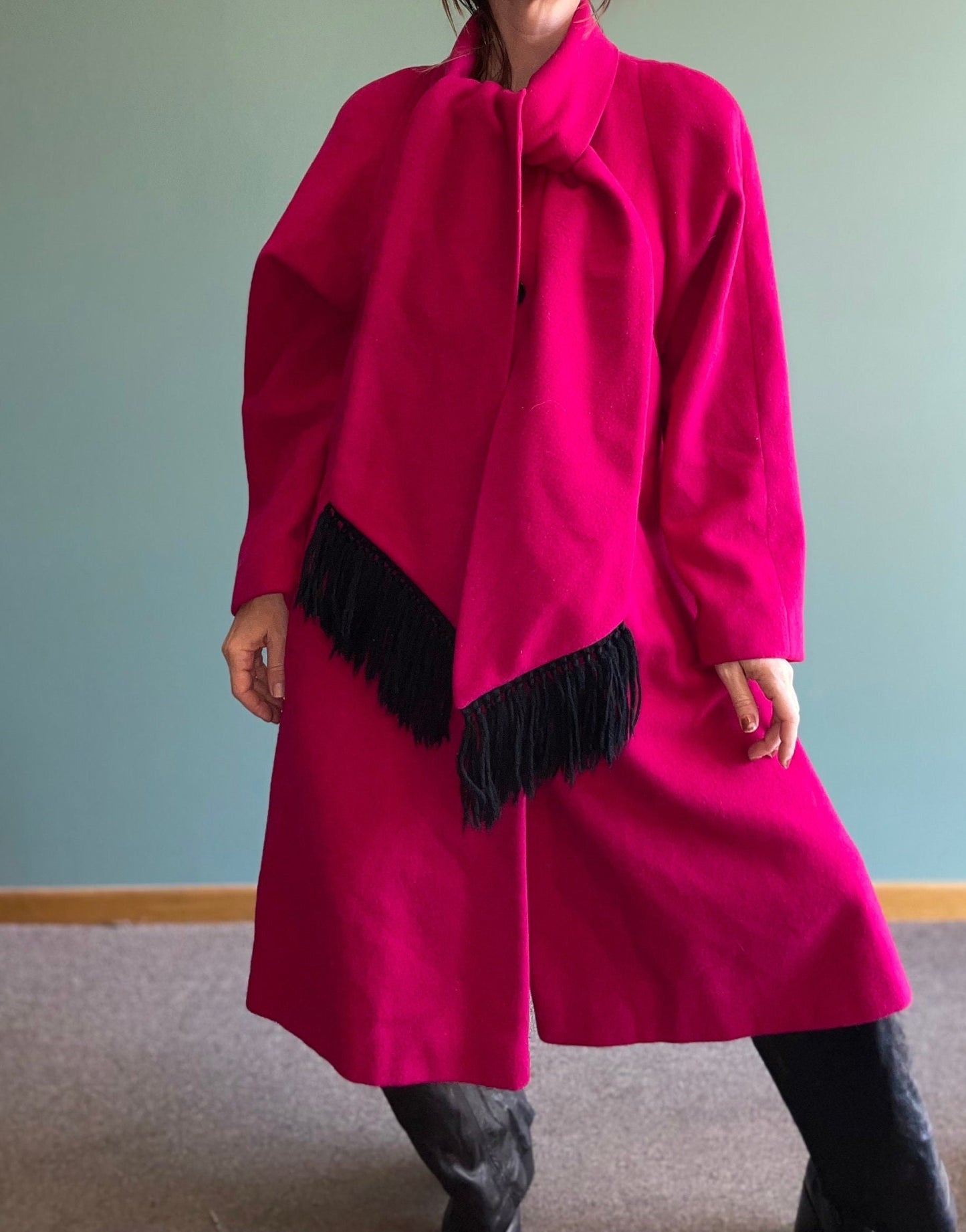 vtg 80s FUCHSIA COAT & SCARF // vintage plush pink two tone  oversized small wool winter overcoat downtown metro stylish autumn jacket sash