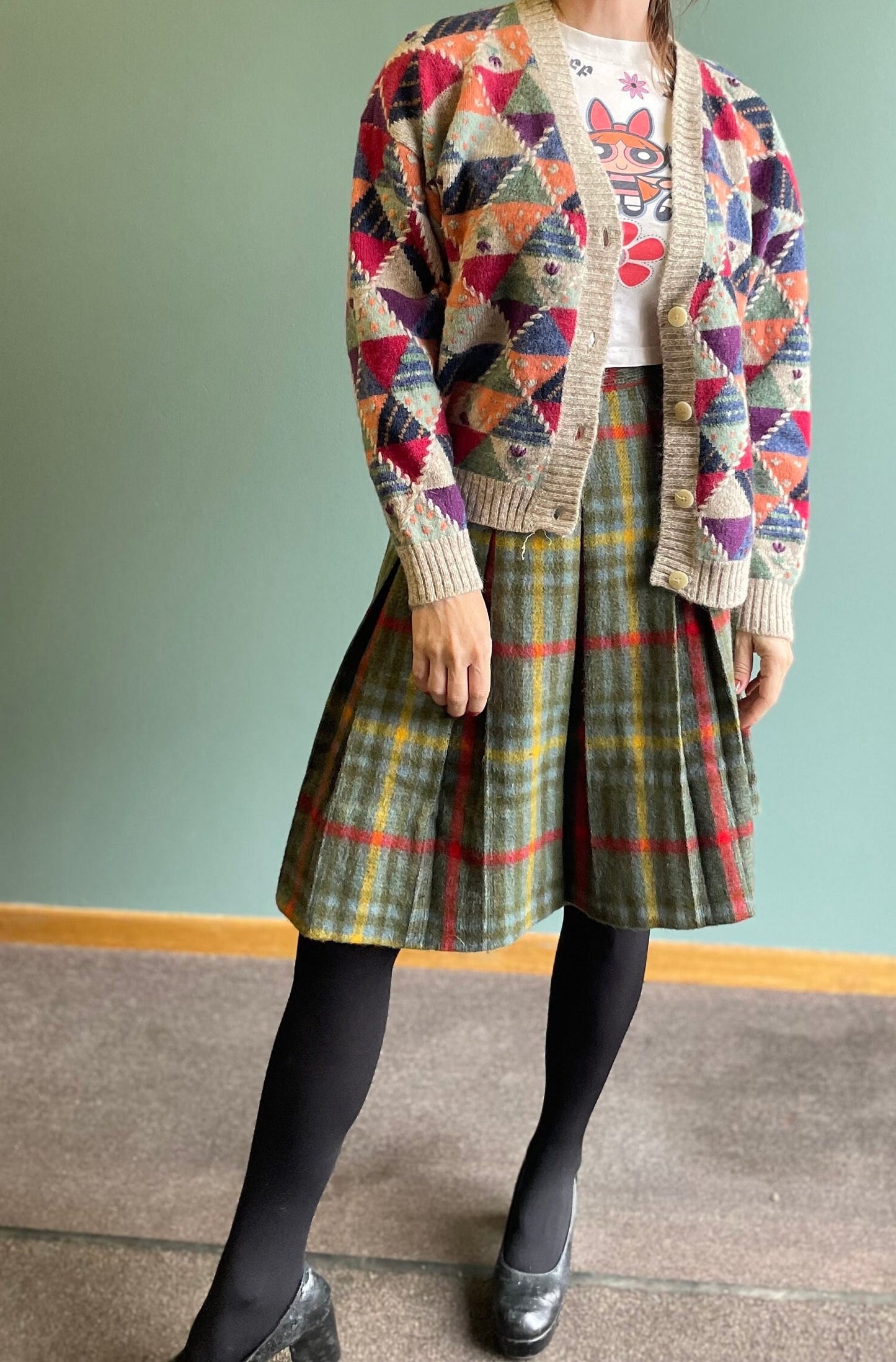 vtg 60s FUZZY PLAID SKIRT // vintage preppy pleated plaid neutral earth tones flannel school uniform wool mid length 1970s kilt punk cottage