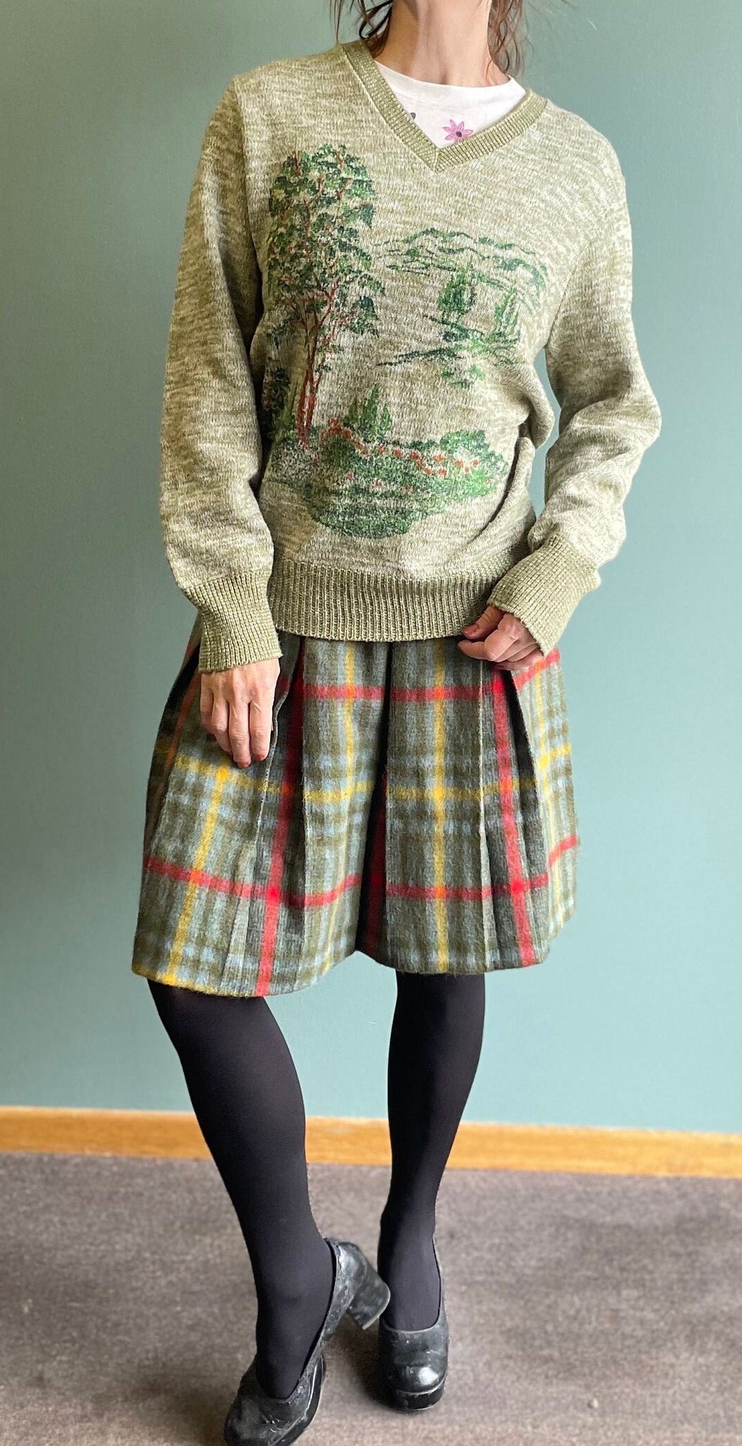 vtg 60s FUZZY PLAID SKIRT // vintage preppy pleated plaid neutral earth tones flannel school uniform wool mid length 1970s kilt punk cottage