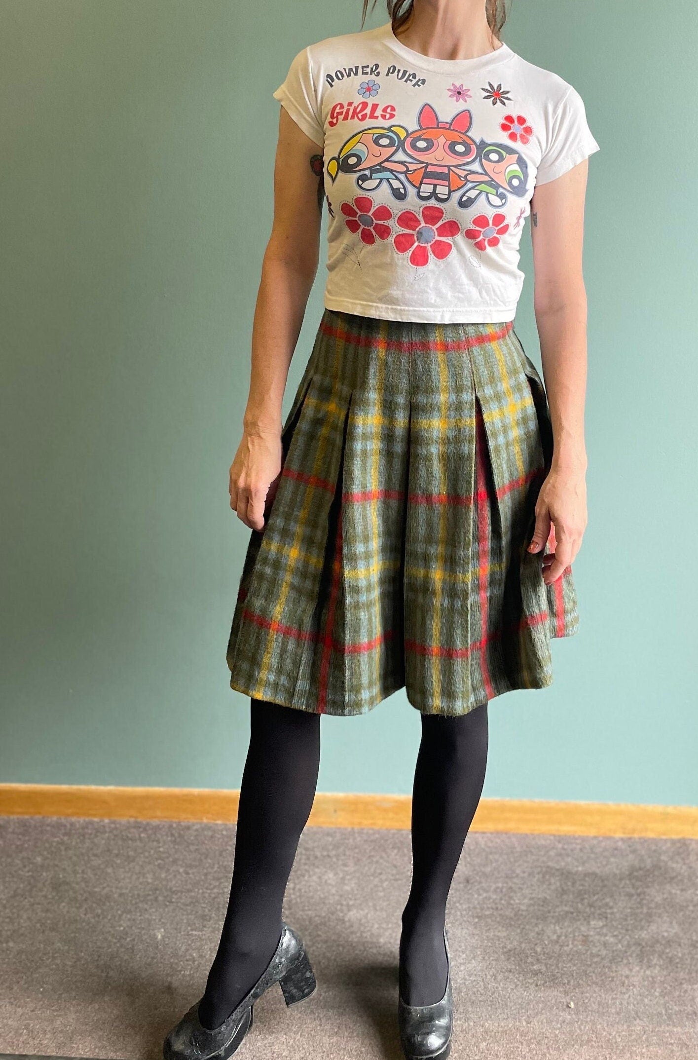 vtg 60s FUZZY PLAID SKIRT // vintage preppy pleated plaid neutral earth tones flannel school uniform wool mid length 1970s kilt punk cottage
